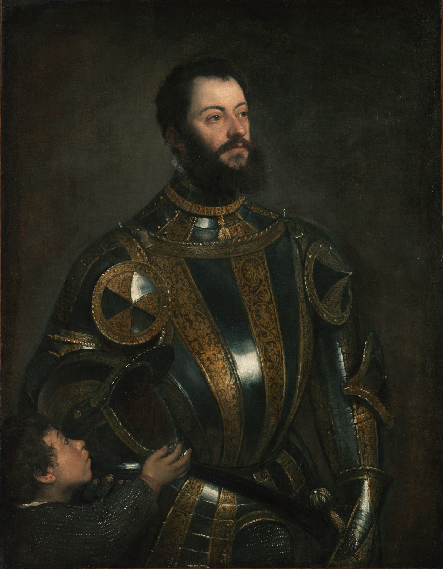 Portrait of Alfonso d'Avalos, Marchese del Vasto, in Armor with a Page - by Titian