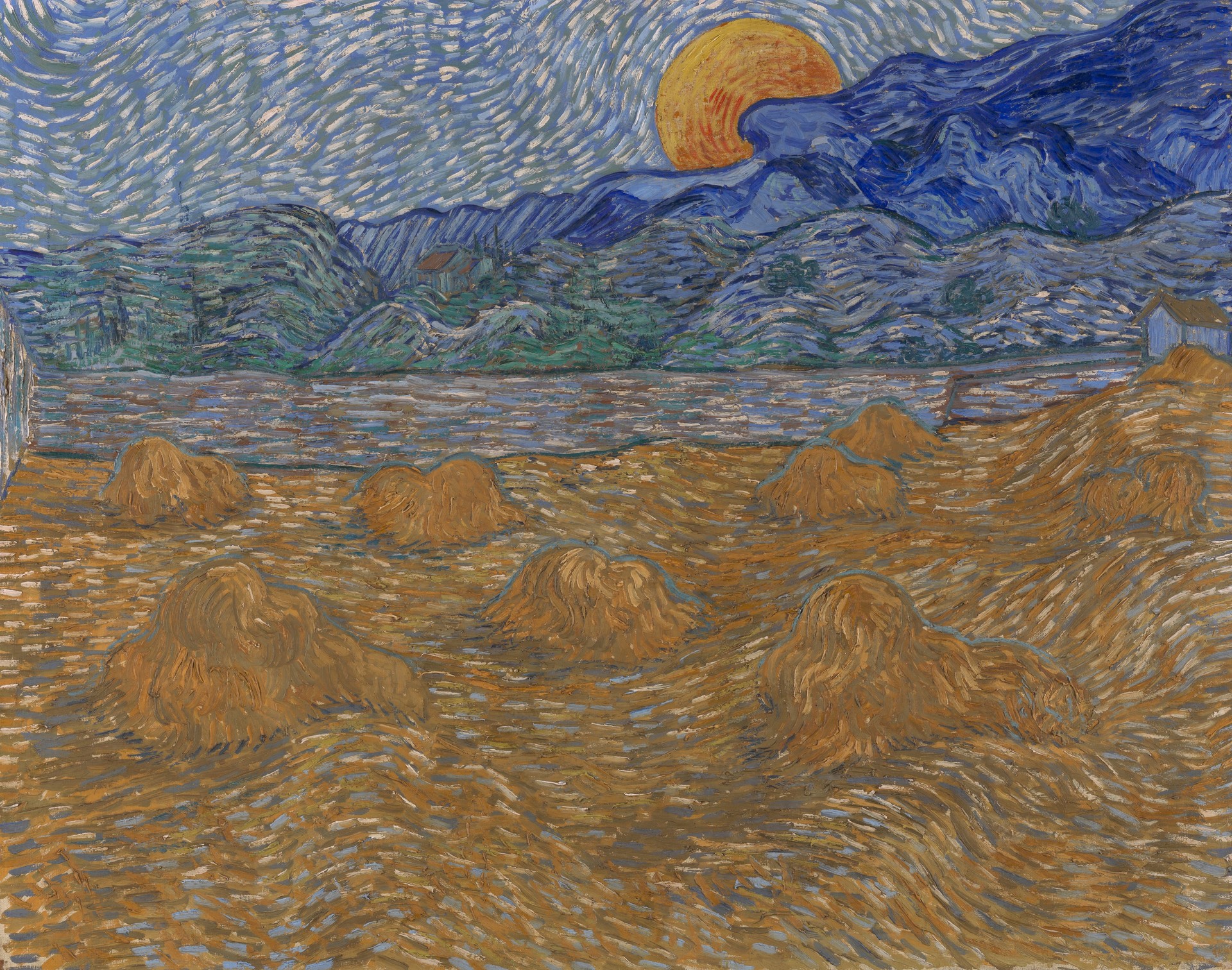 Landscape with wheat sheaves and rising moon - by Vincent van Gogh