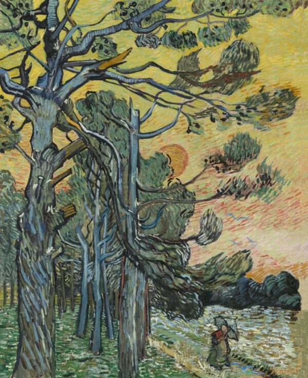 Pine trees at sunset - by Vincent van Gogh