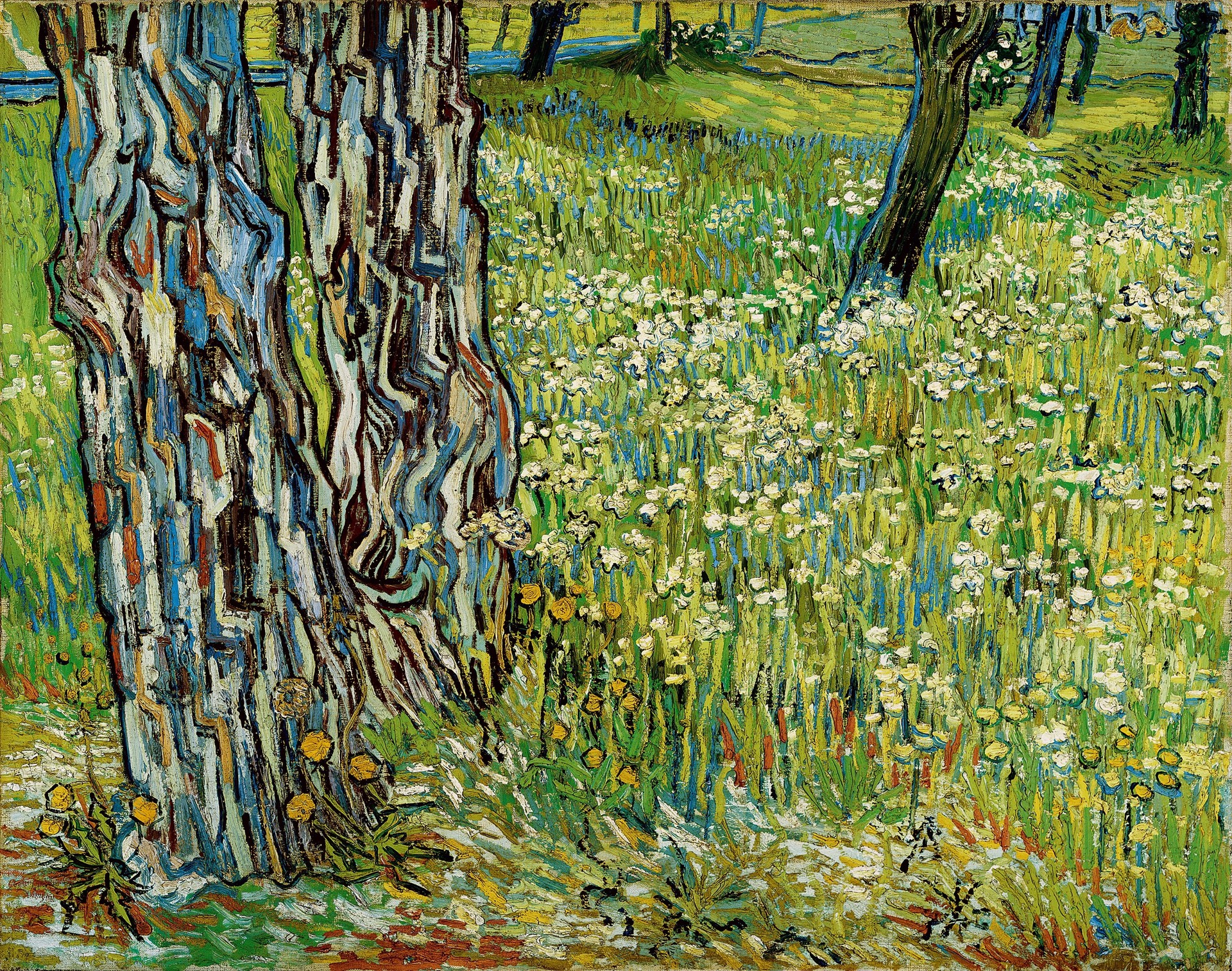 Tree trunks in the grass - by Vincent van Gogh