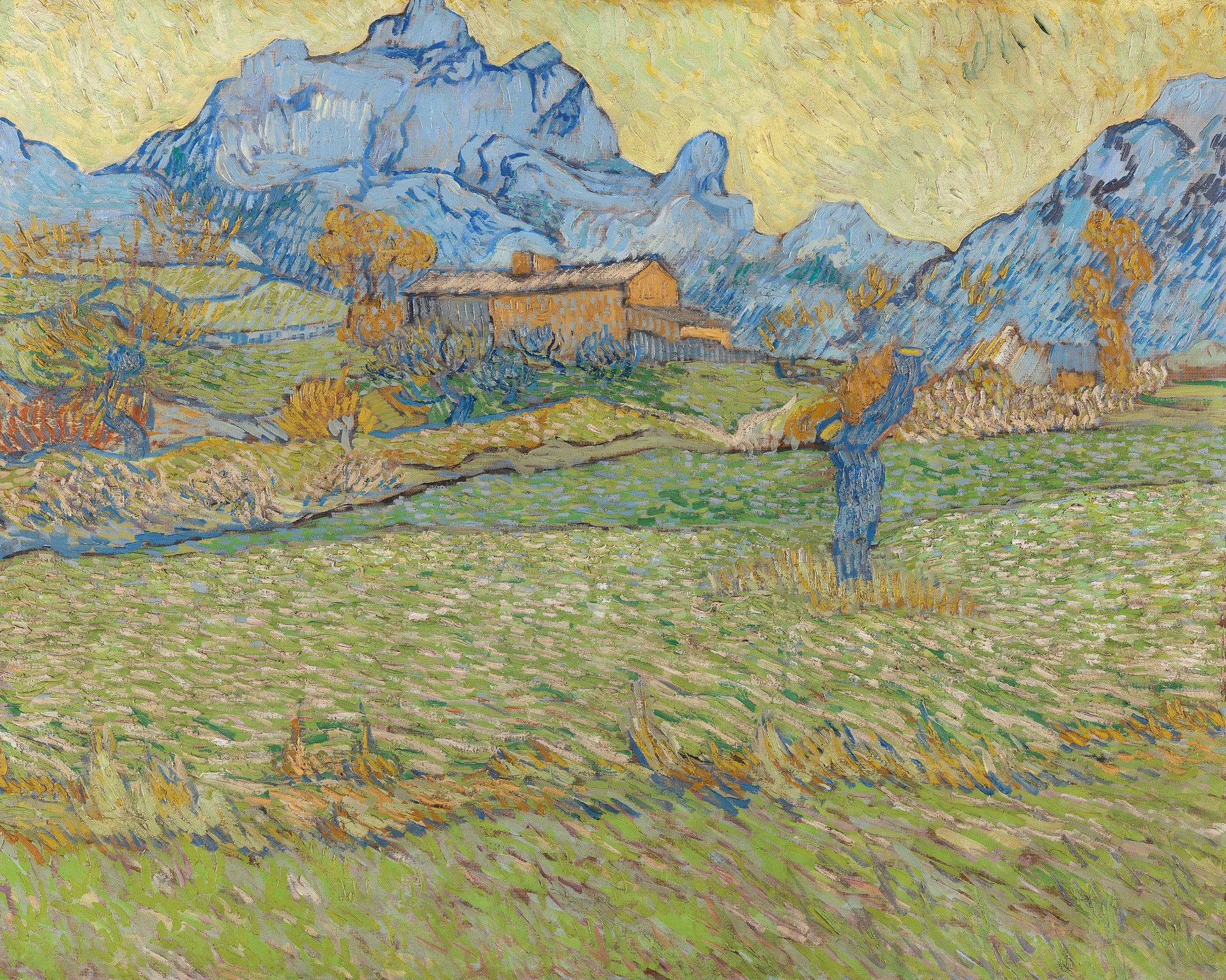 Wheat fields in a mountainous landscape - by Vincent van Gogh