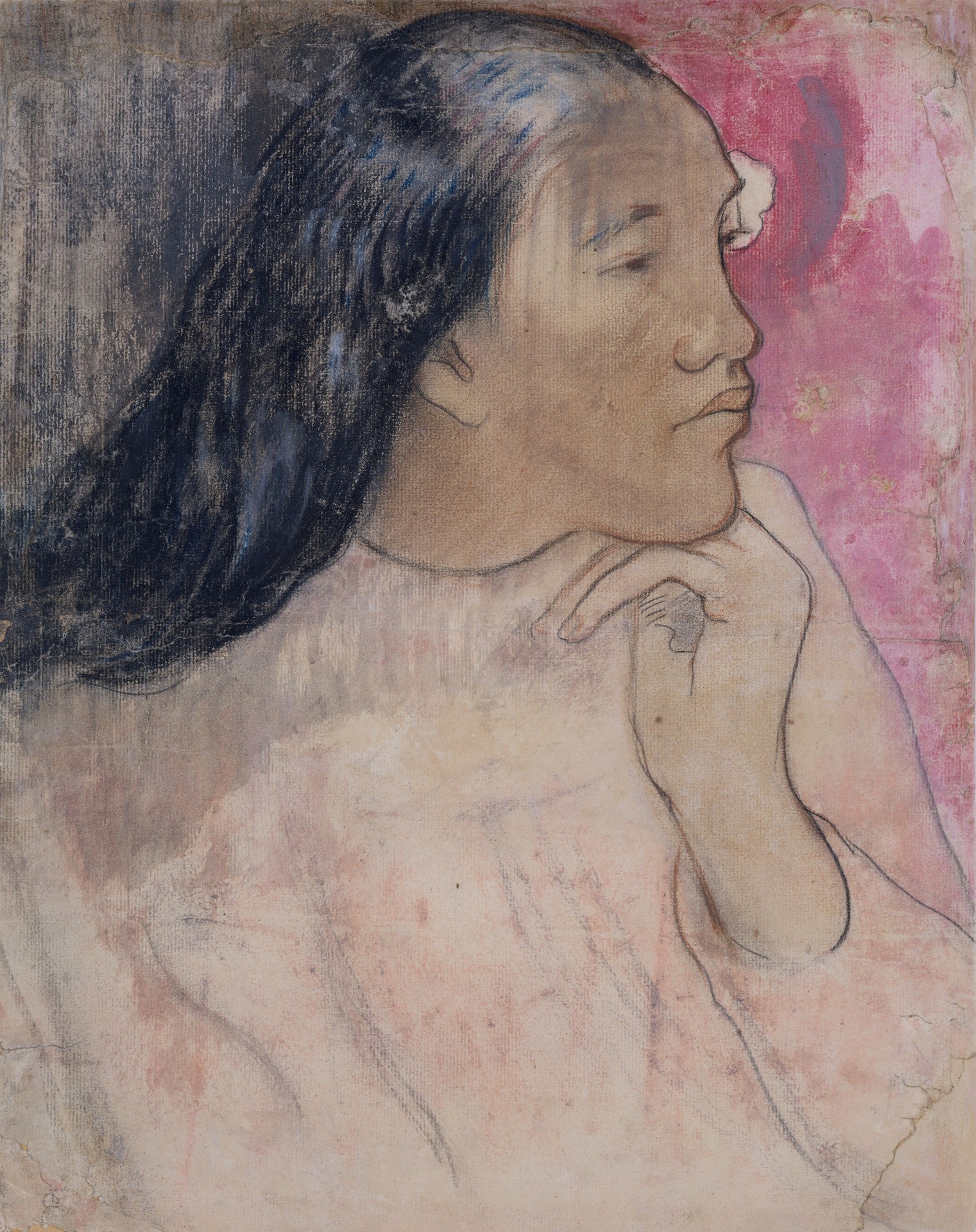 A Tahitian Woman with a Flower in Her Hair - by Paul Gauguin