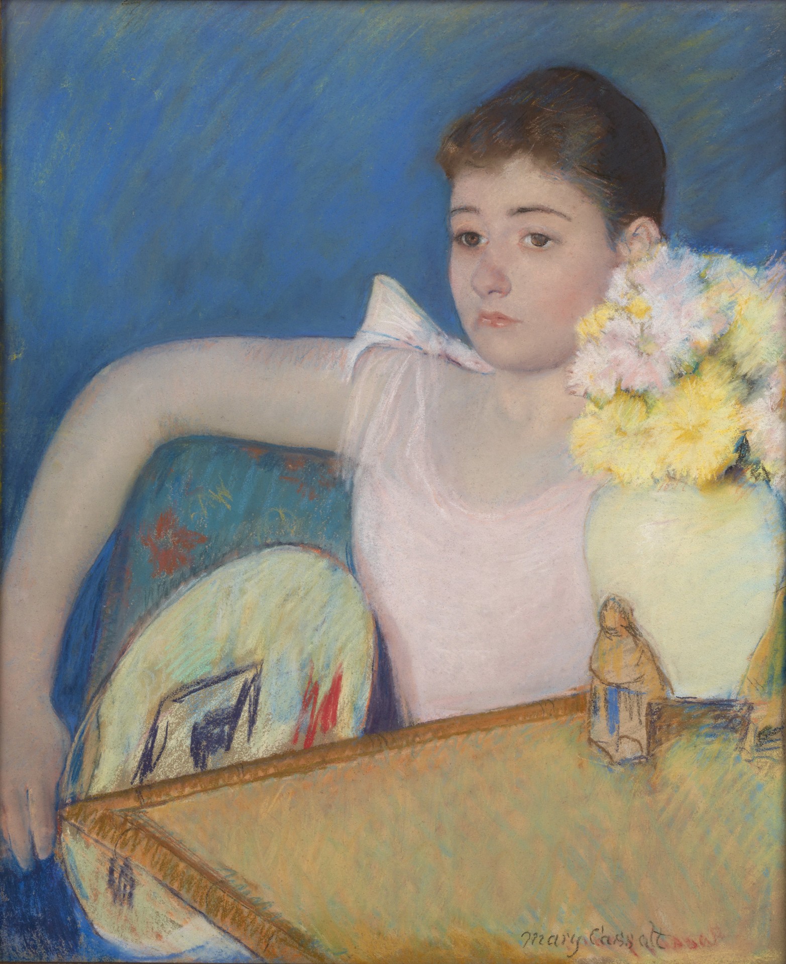 Girl in Pink with a Fan - by Mary Cassatt