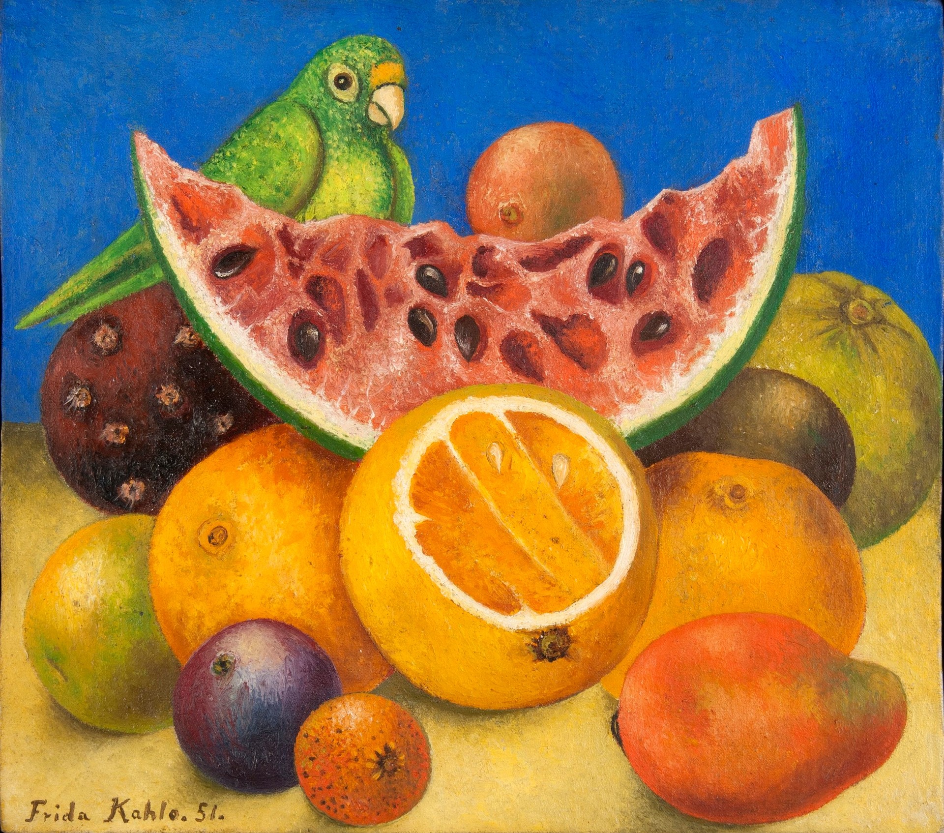 Untitled (Still life with parrot and fruit) - by Frida Kahlo