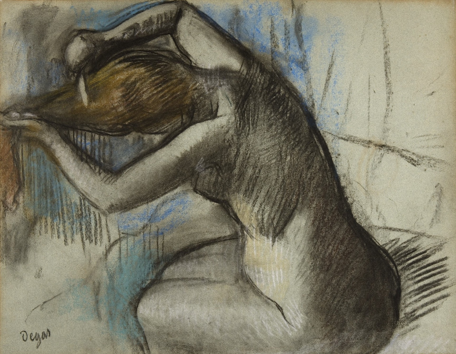 Seated Nude Woman Brushing Her Hair - by Edgar Degas