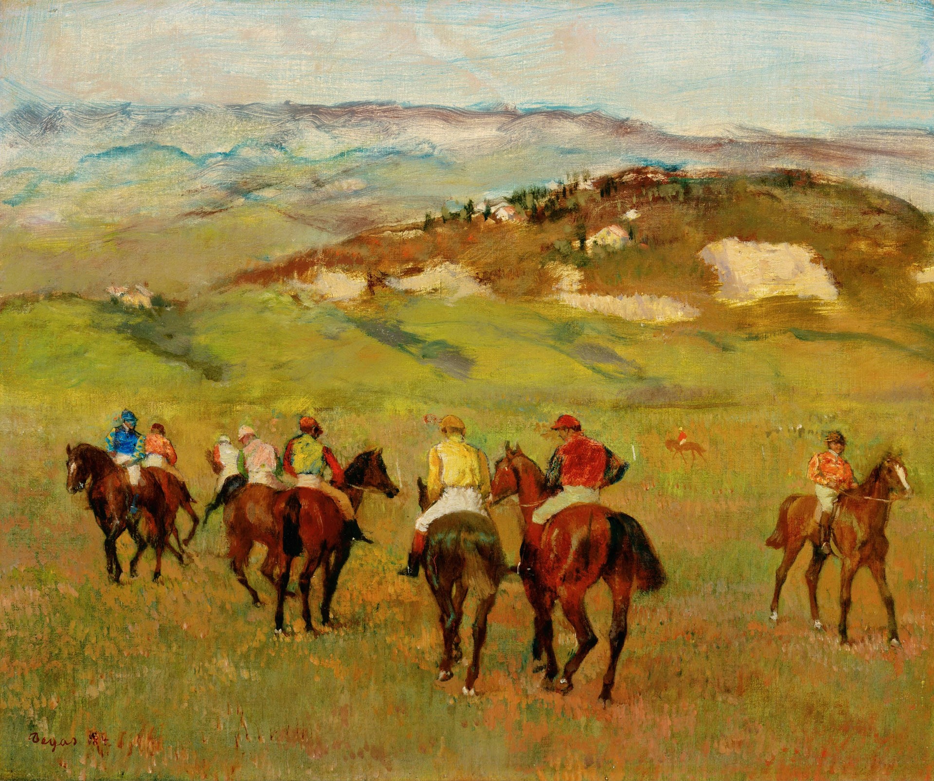 Jockeys on Horseback before Distant Hills - by Edgar Degas