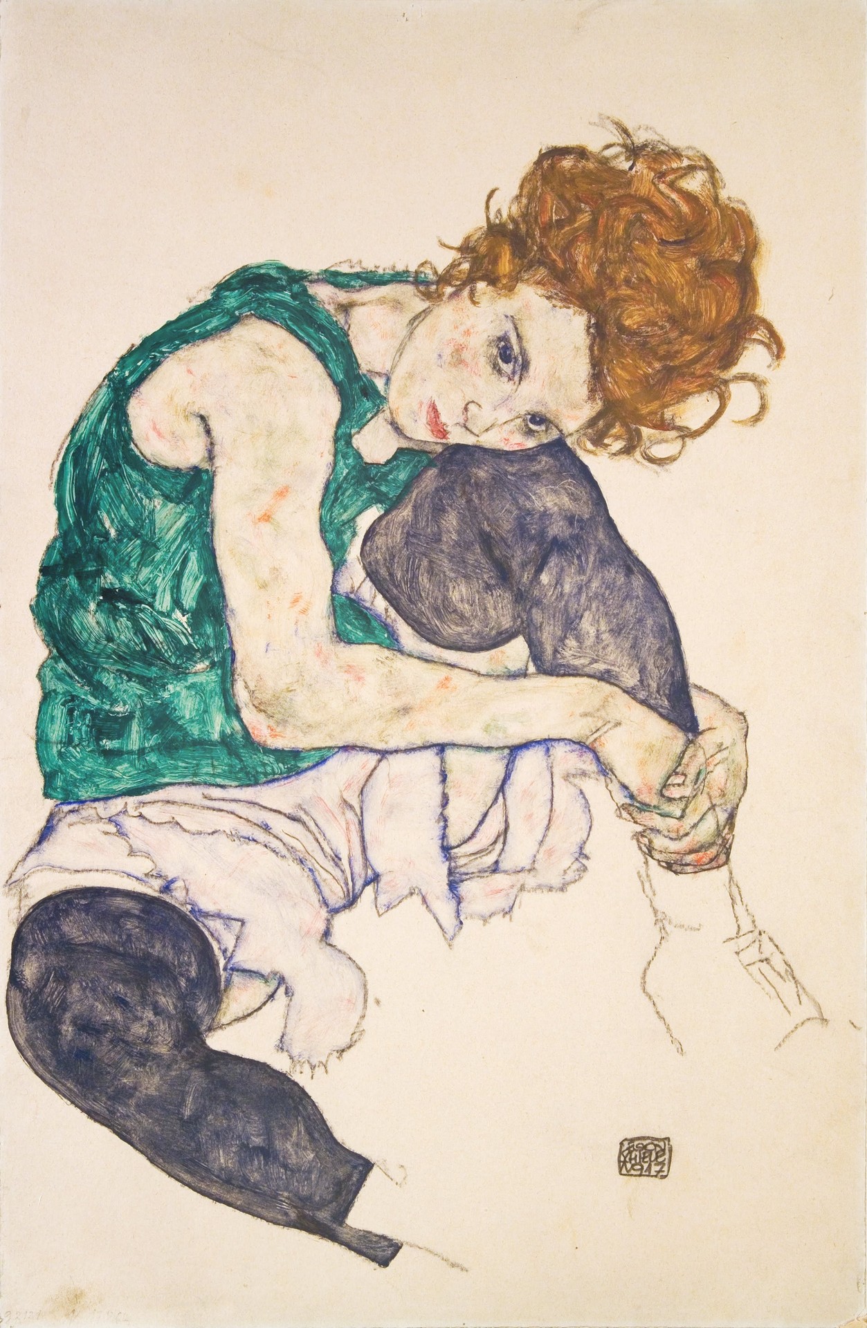 Seated Woman with Legs Drawn Up (Adele Herms) - by Egon Schiele