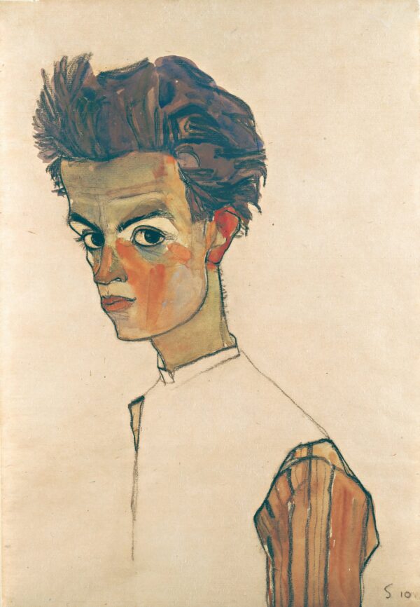 Self-Portrait with Striped Shirt - by Egon Schiele