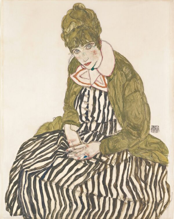 Edith with Striped Dress, Sitting - by Egon Schiele