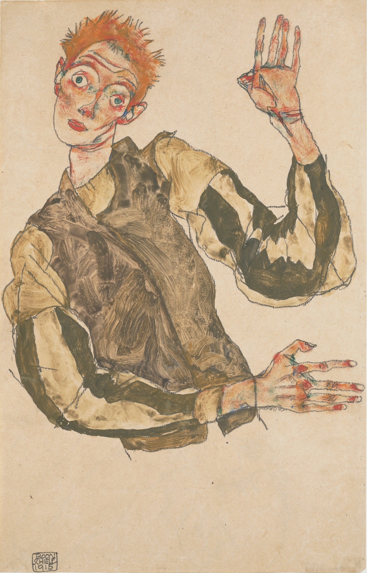 Self-Portrait with Striped Armlets - by Egon Schiele