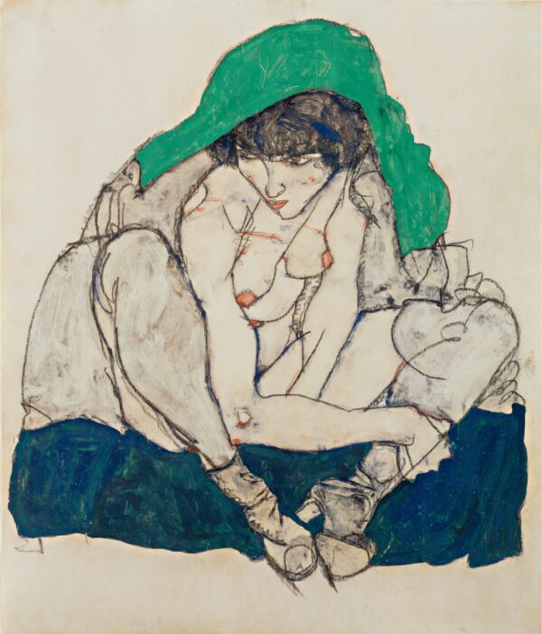 Crouching Woman with Green Headscarf - by Egon Schiele