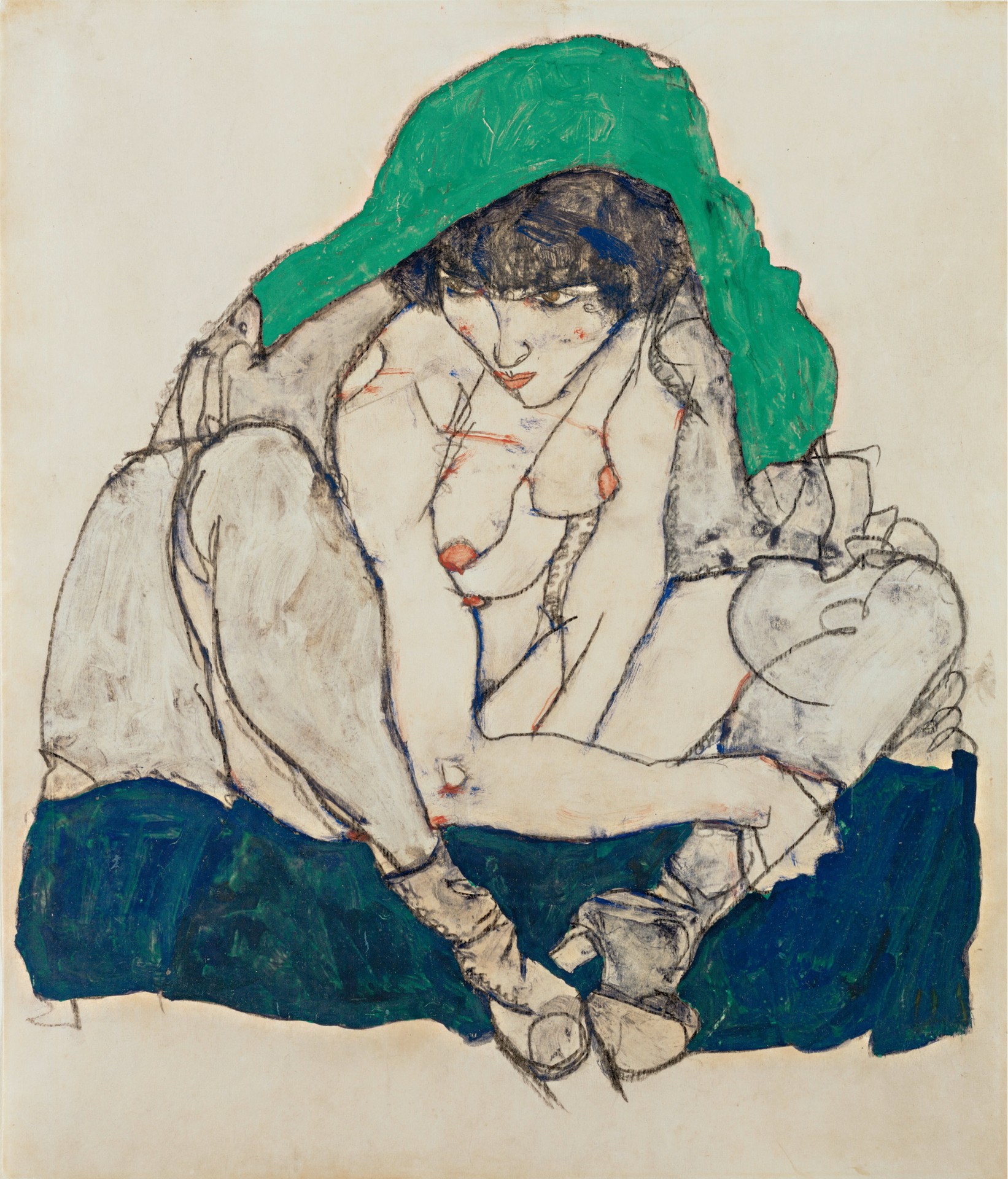 Crouching Woman with Green Headscarf - by Egon Schiele