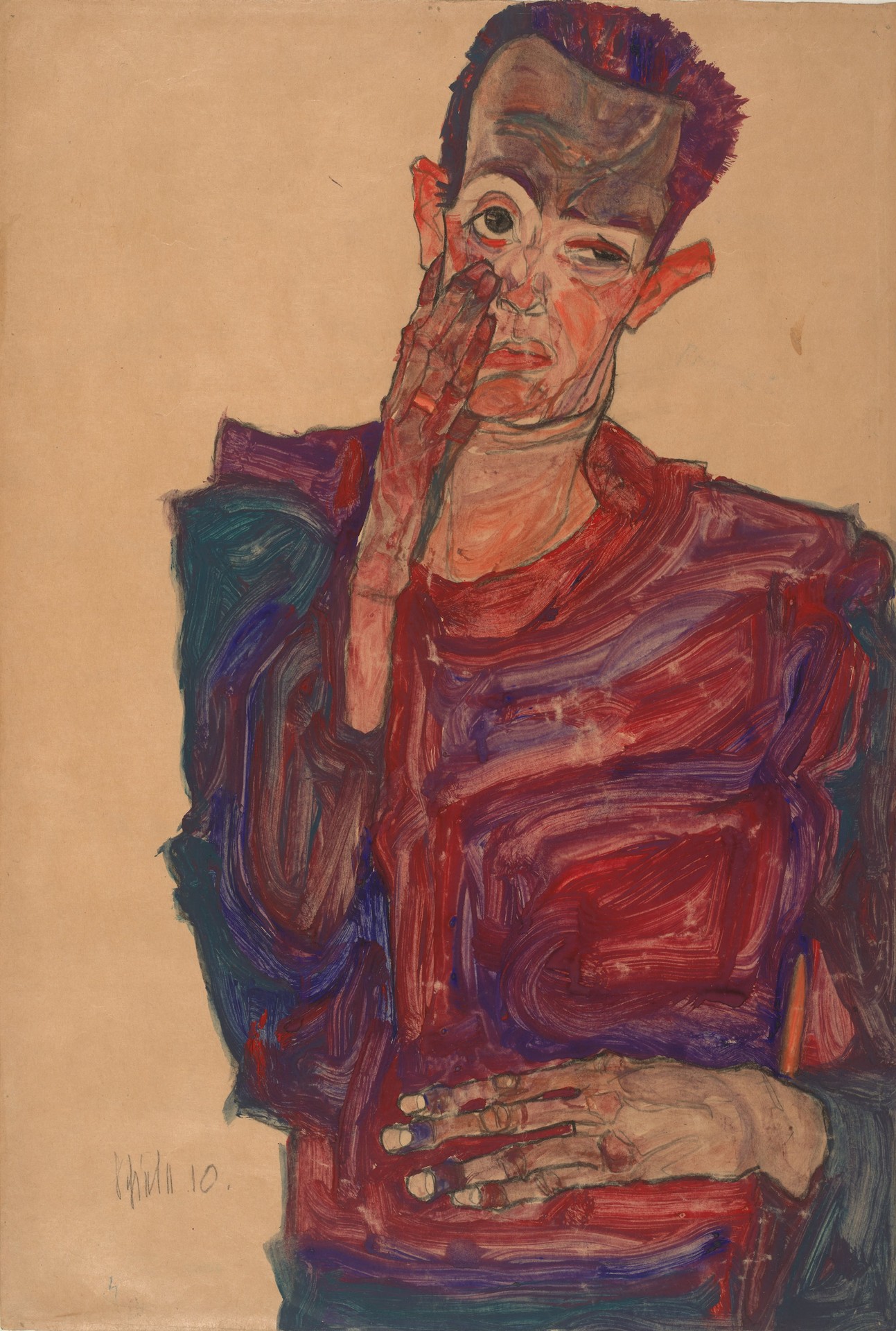 Self-Portrait with Eyelid Pulled Down, 1910 - by Egon Schiele