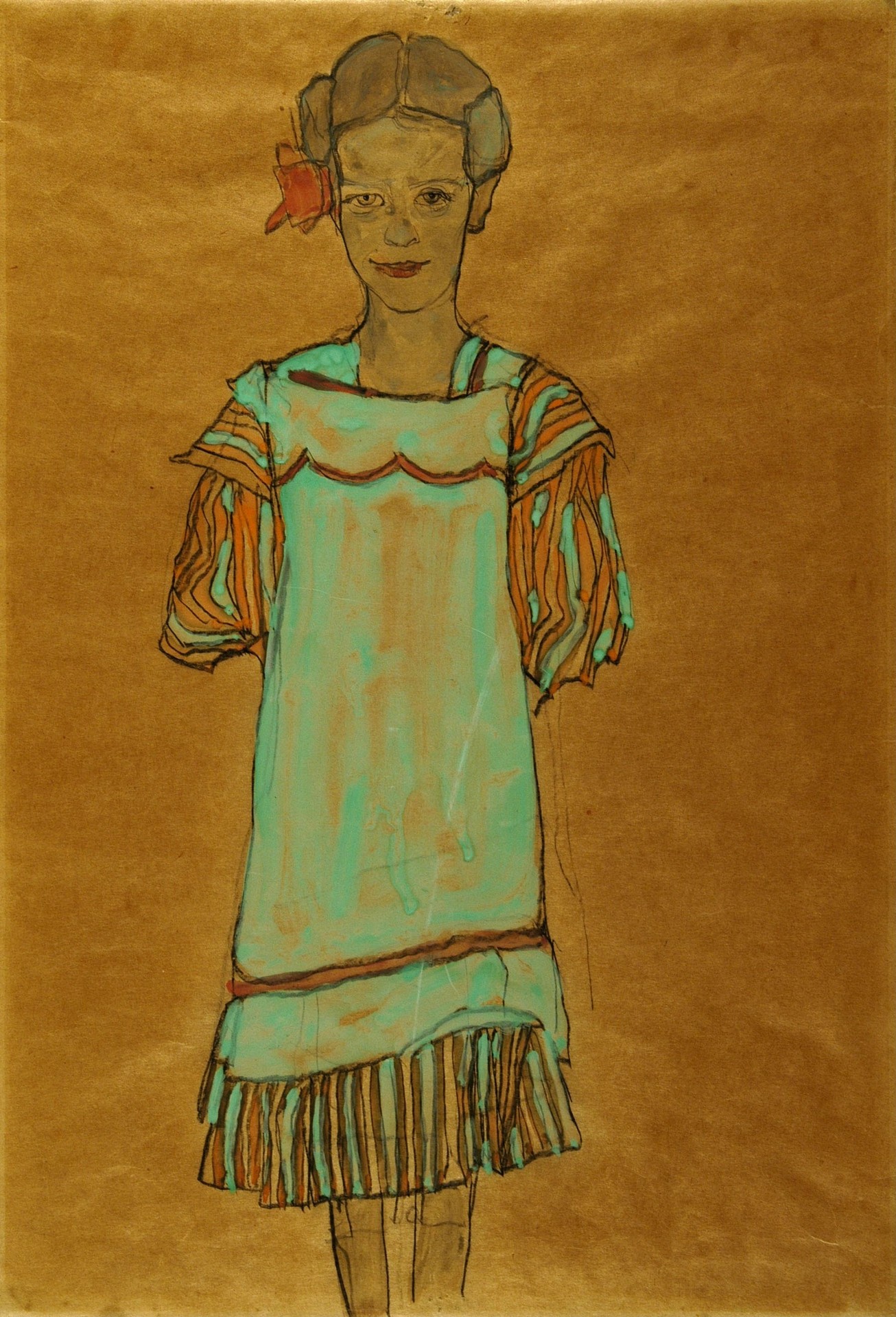 Ragazza in piedi con vestito verde e fiocco rosso - by Egon Schiele