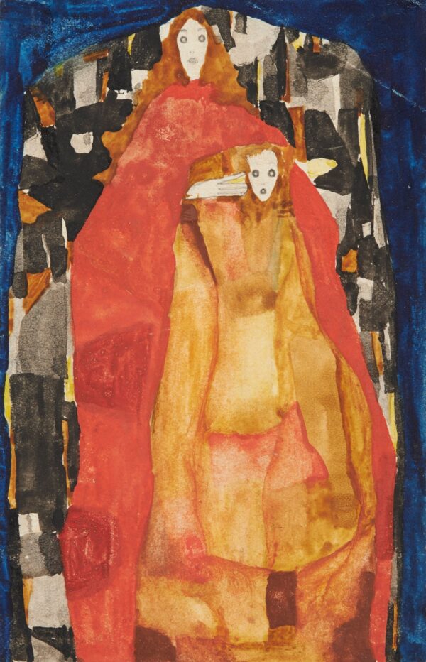Mutter mit Kind in rotem Mantel - by Egon Schiele