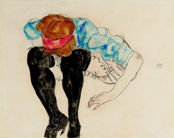 Blond Girl, Leaning forward with Black Stockings - by Egon Schiele