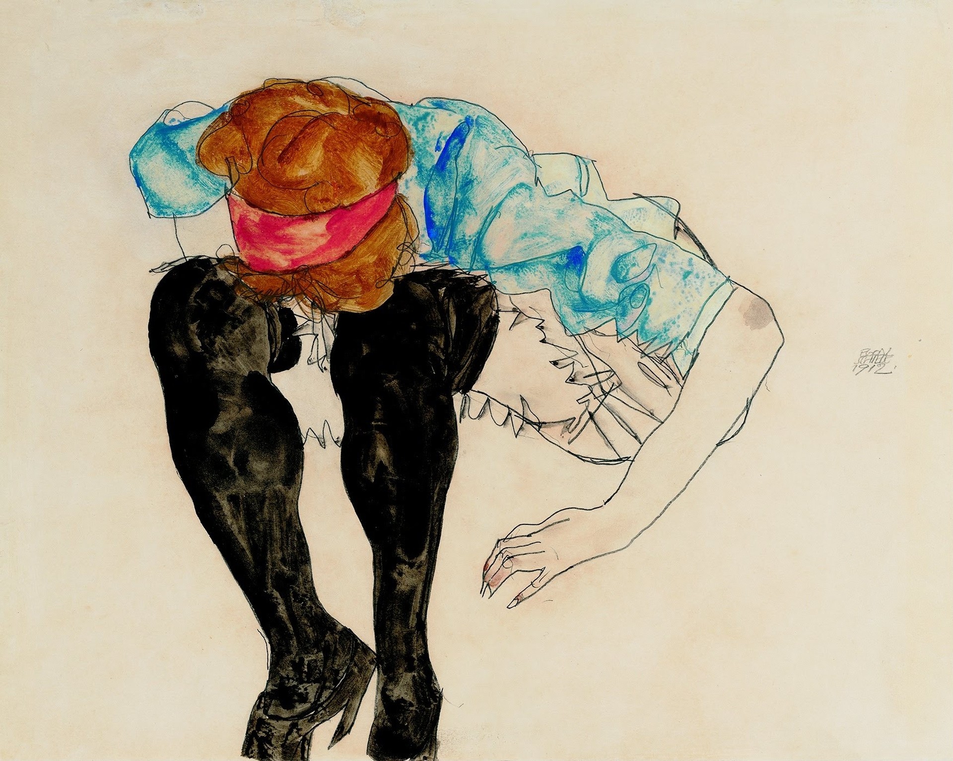 Blond Girl, Leaning forward with Black Stockings - by Egon Schiele