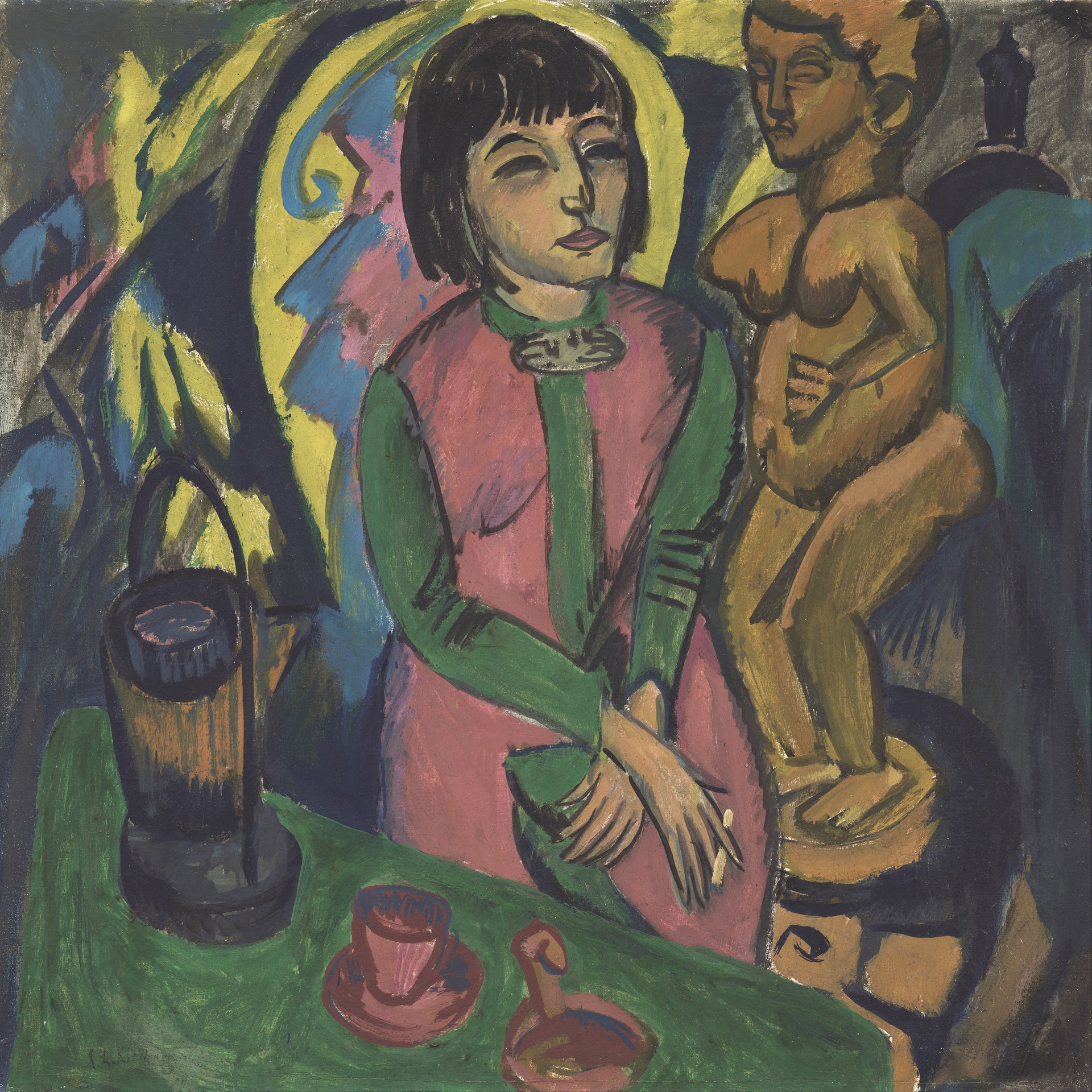 Seated Woman with Wood Sculpture - by Ernst Ludwig Kirchner