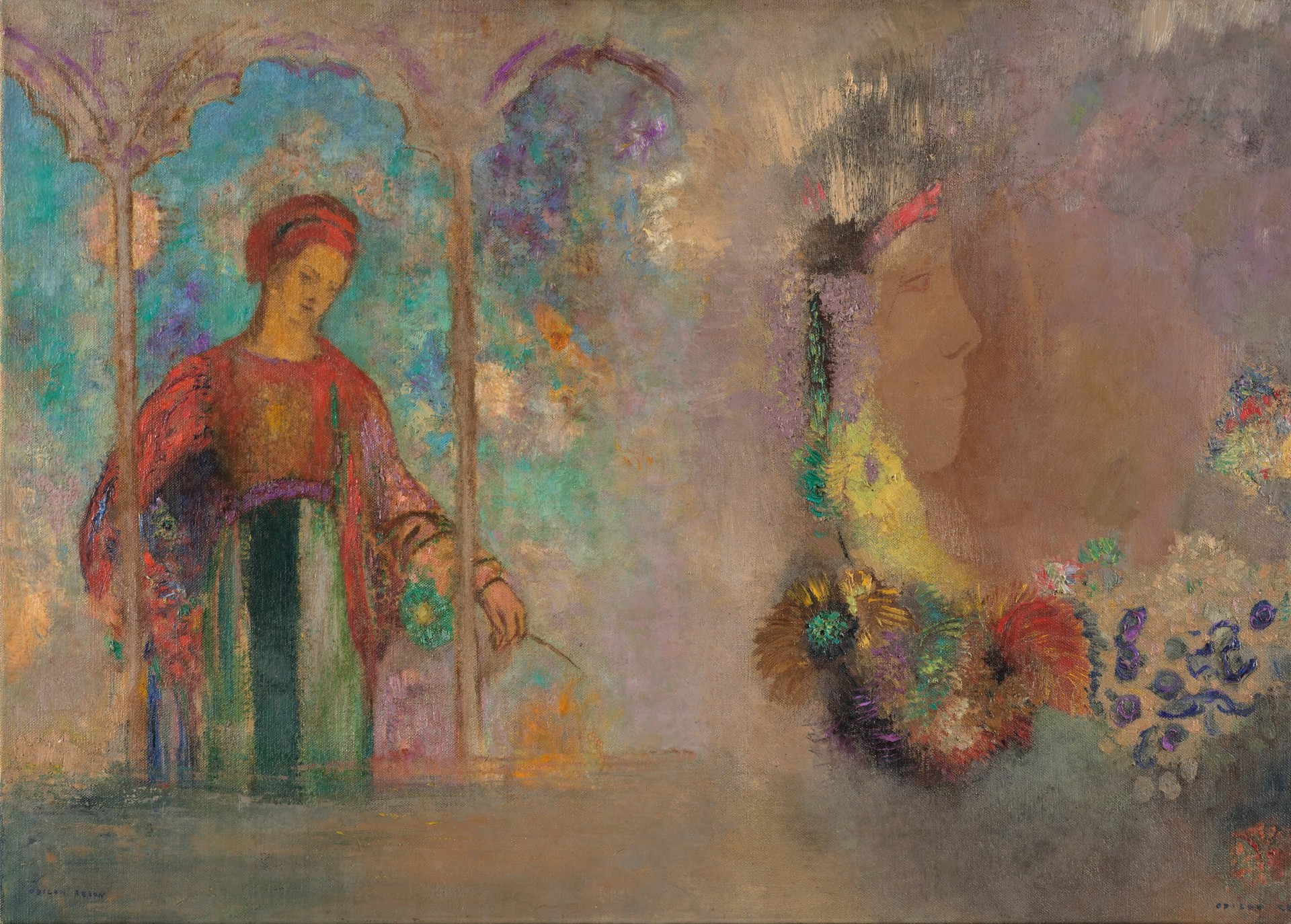 Woman in a gothic arcade: woman with flowers - by Odilon Redon