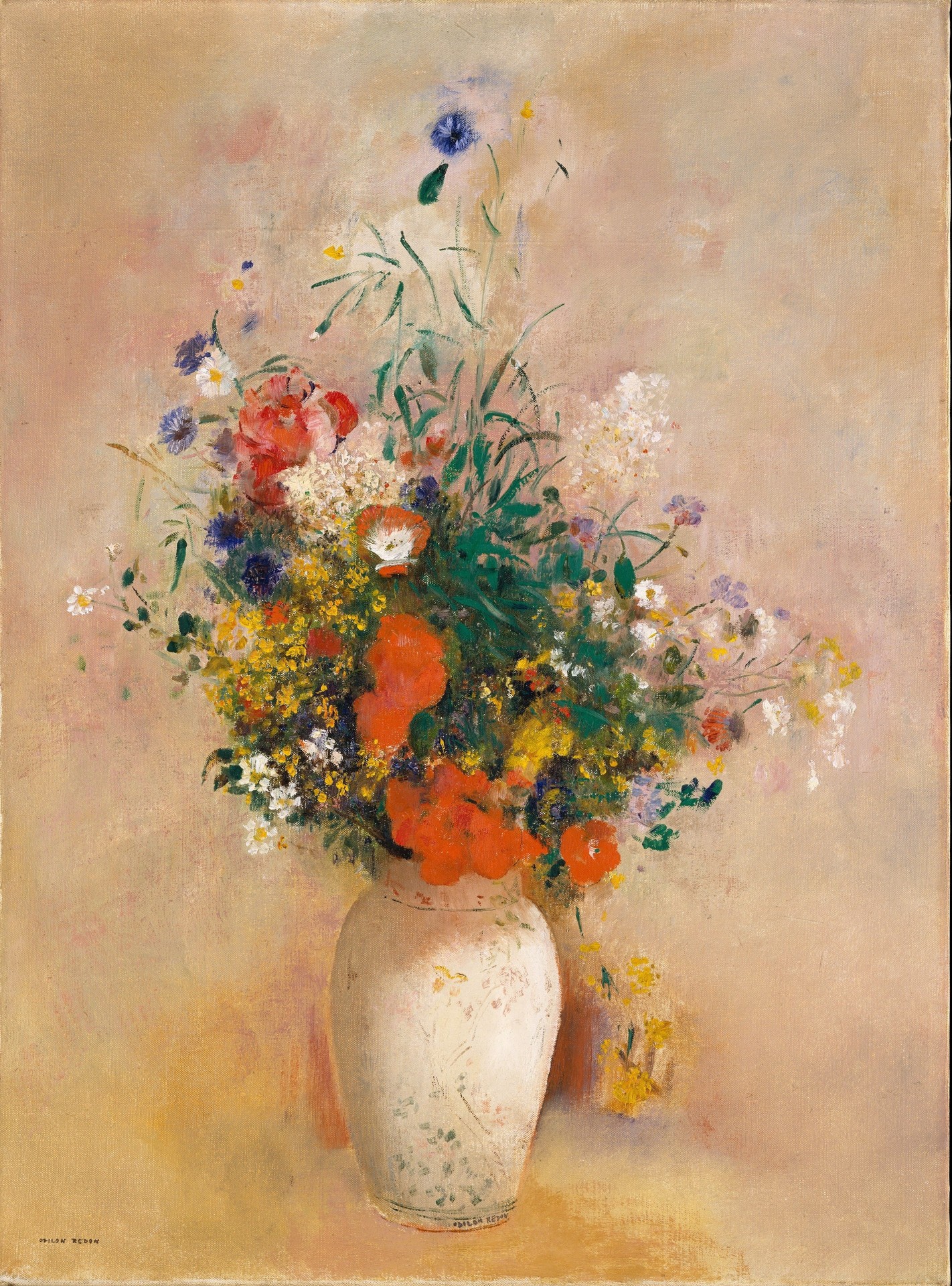Vase of Flowers (Pink Background) - by Odilon Redon