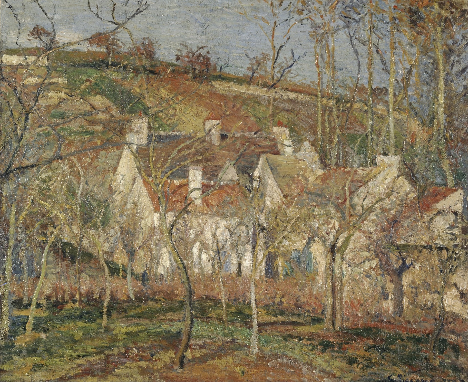 Red roofs, corner of a village, winter - by Camille Pissarro