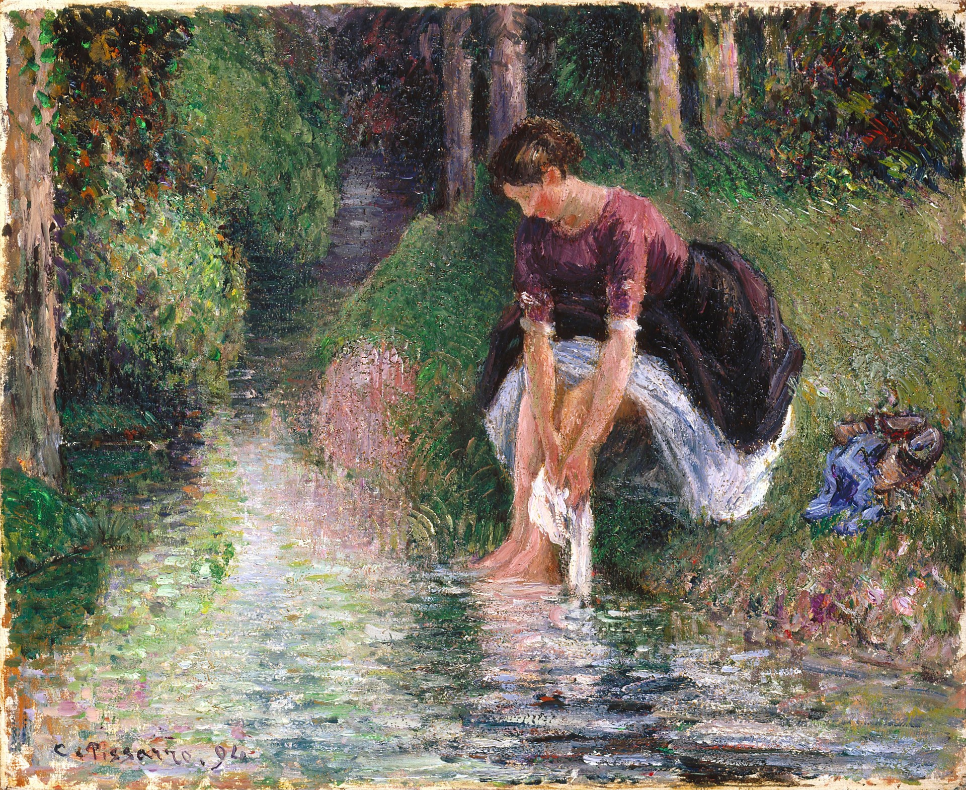 Woman Washing Her Feet in a Brook - by Camille Pissarro