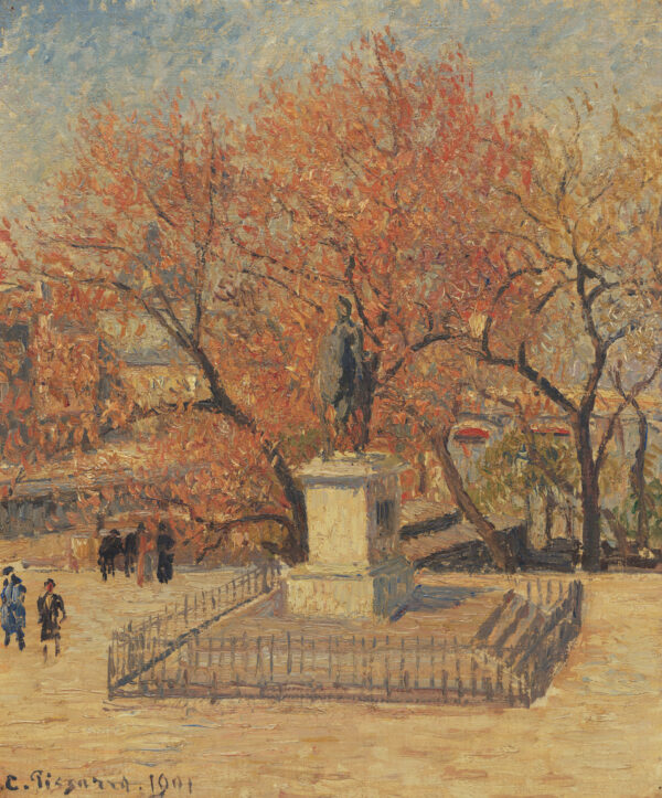 Statue of Henry IV and Flowering Trees - by Camille Pissarro