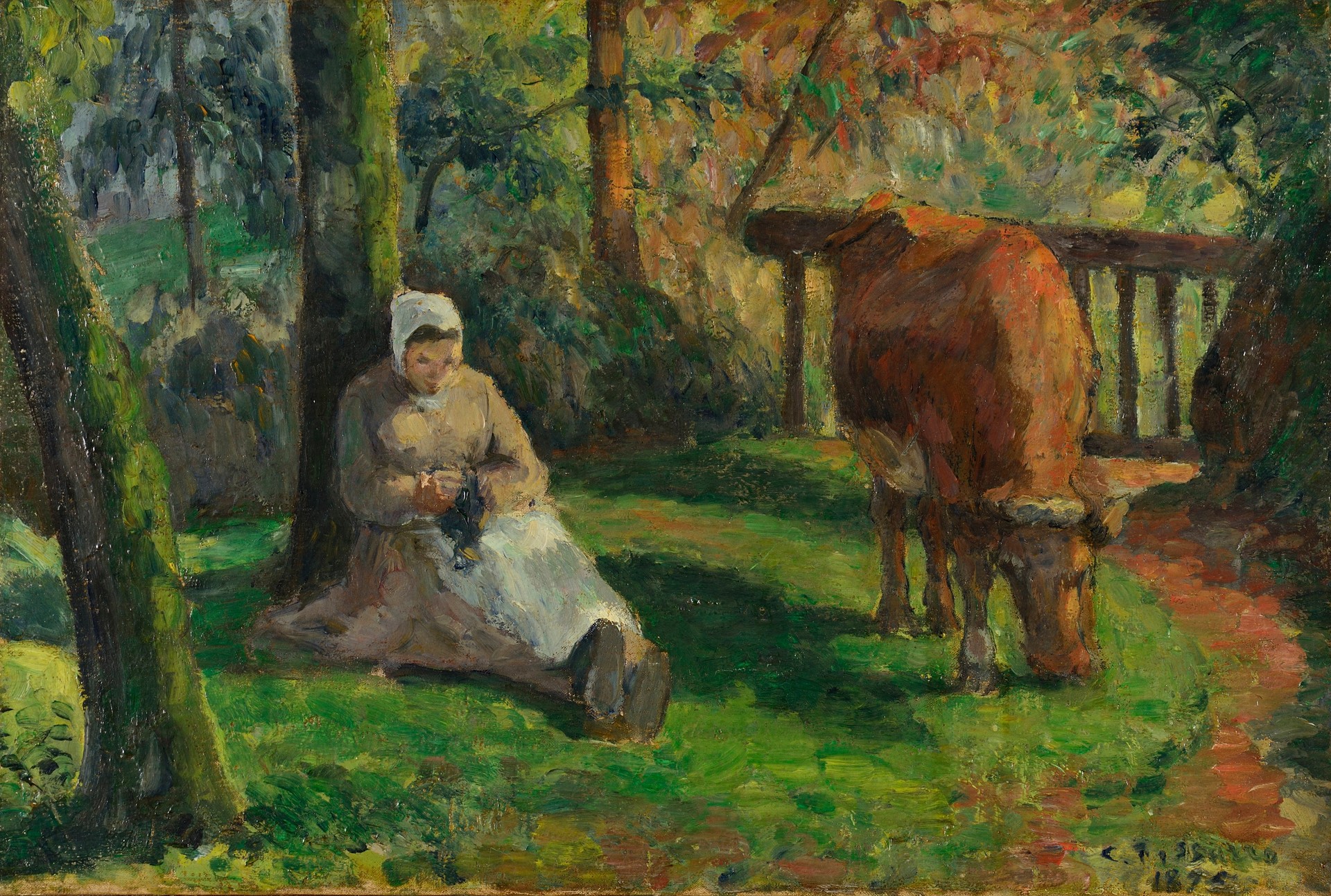 Peasant Woman and Cow, Montfoucault - by Camille Pissarro