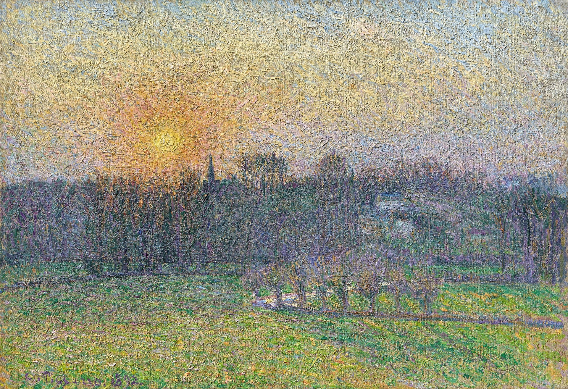 View of Bazincourt, Sunset - by Camille Pissarro