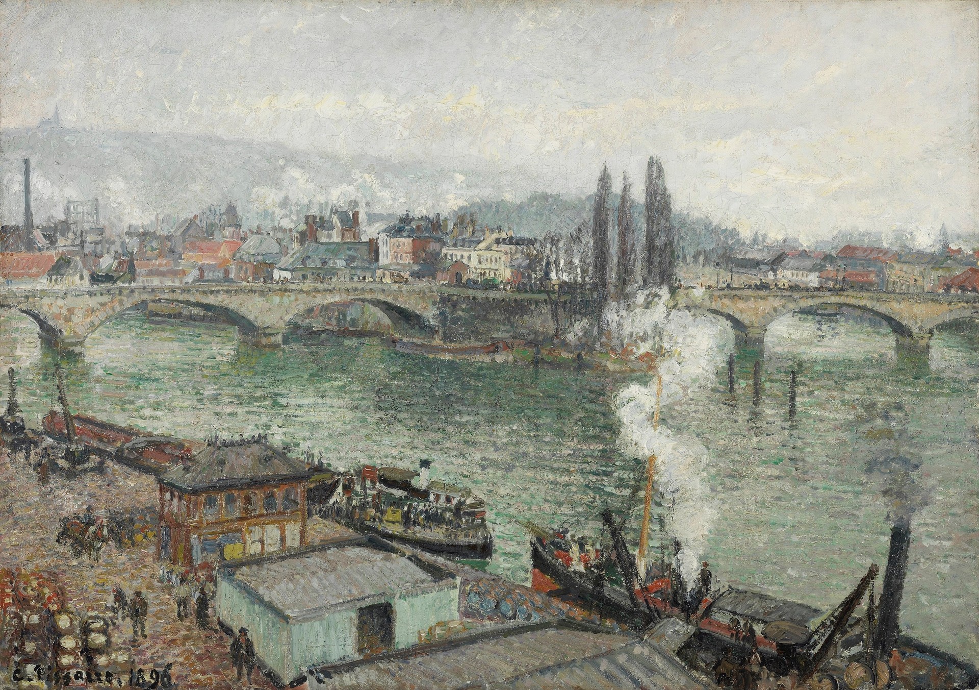 The Stone Bridge in Rouen, Dull Weather - by Camille Pissarro