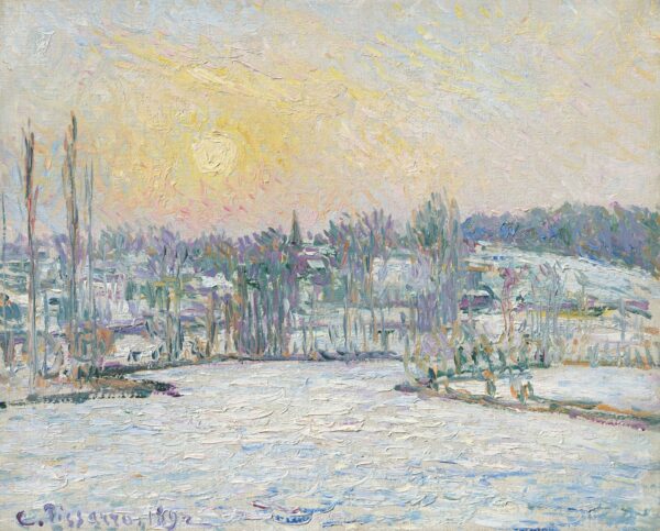 View of Bazincourt, Snow Effect, Sunset - by Camille Pissarro
