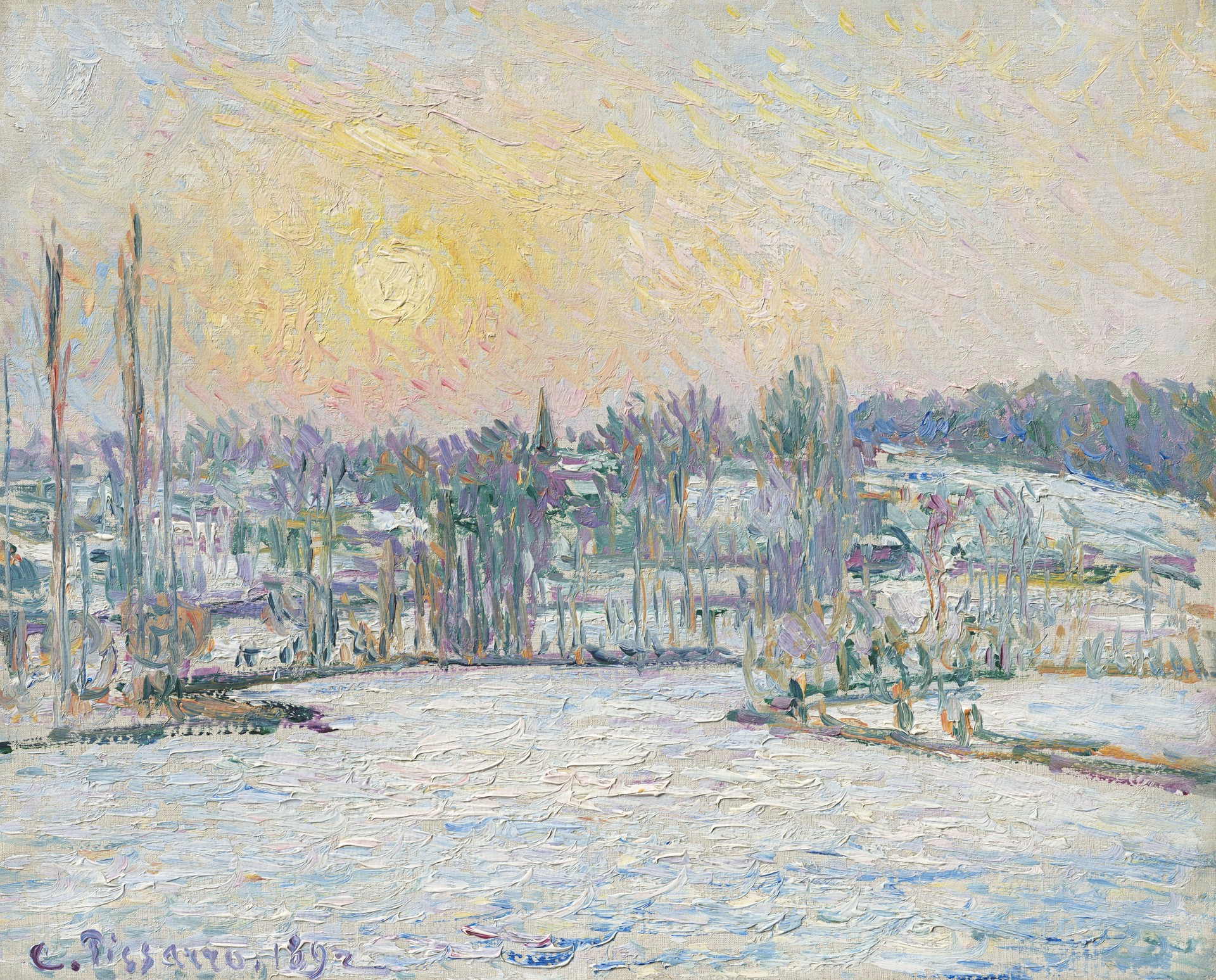 View of Bazincourt, Snow Effect, Sunset - by Camille Pissarro