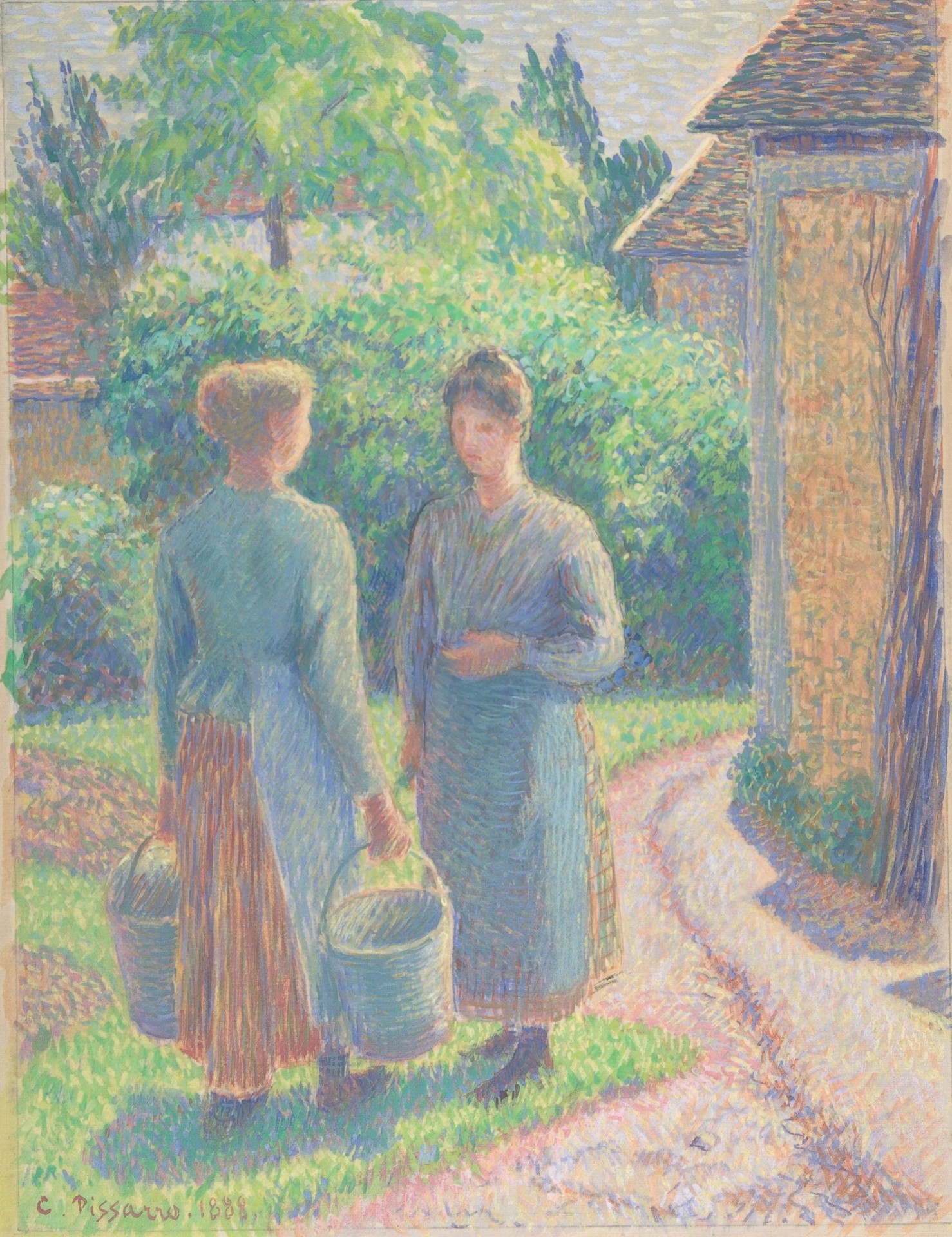 Two Women in a Garden - by Camille Pissarro