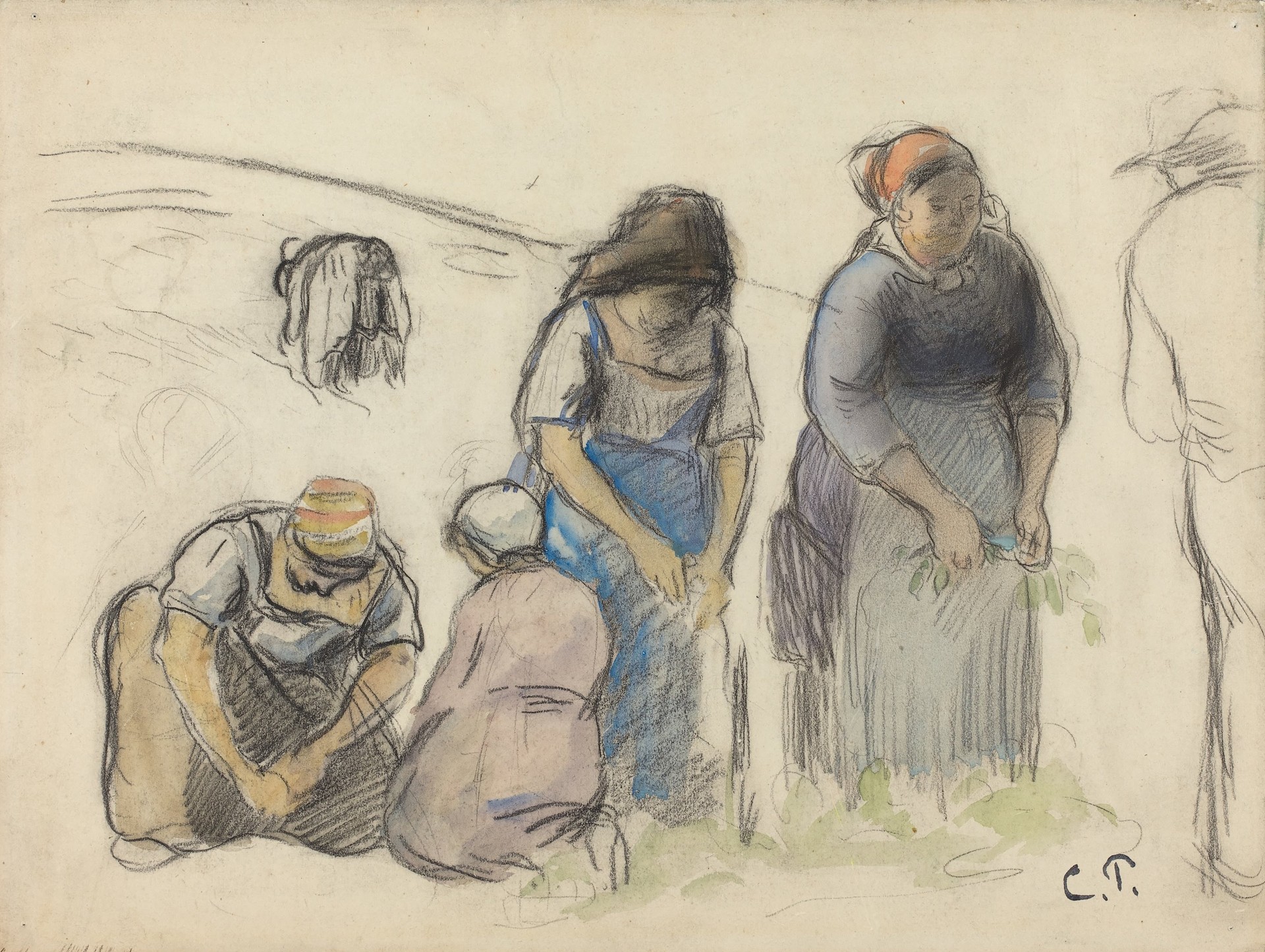 Pea Harvesters (recto) - by Camille Pissarro