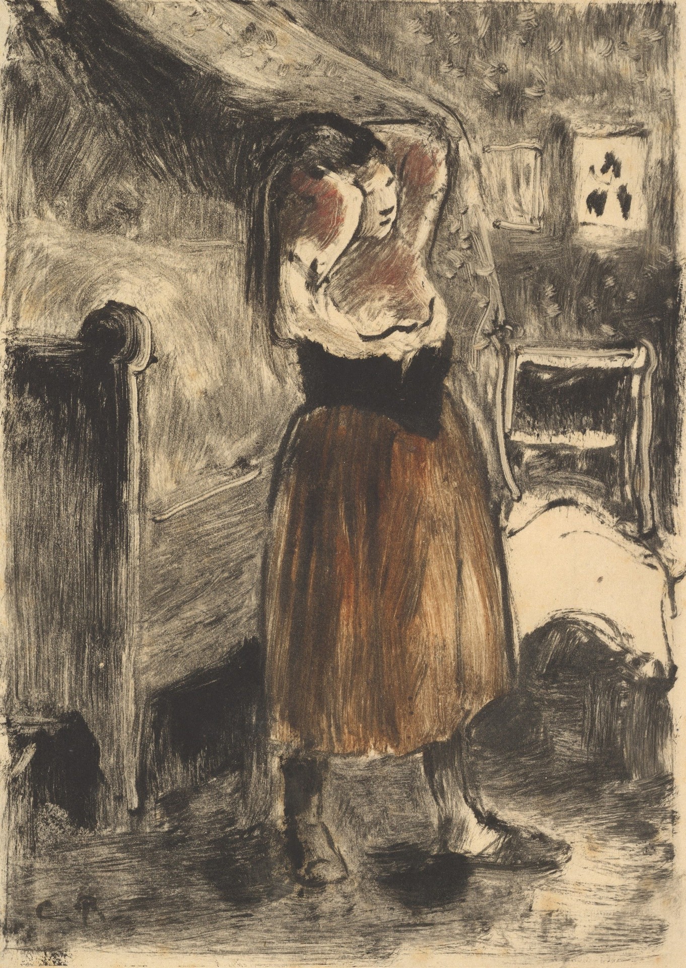 Woman Arranging Her Hair - by Camille Pissarro