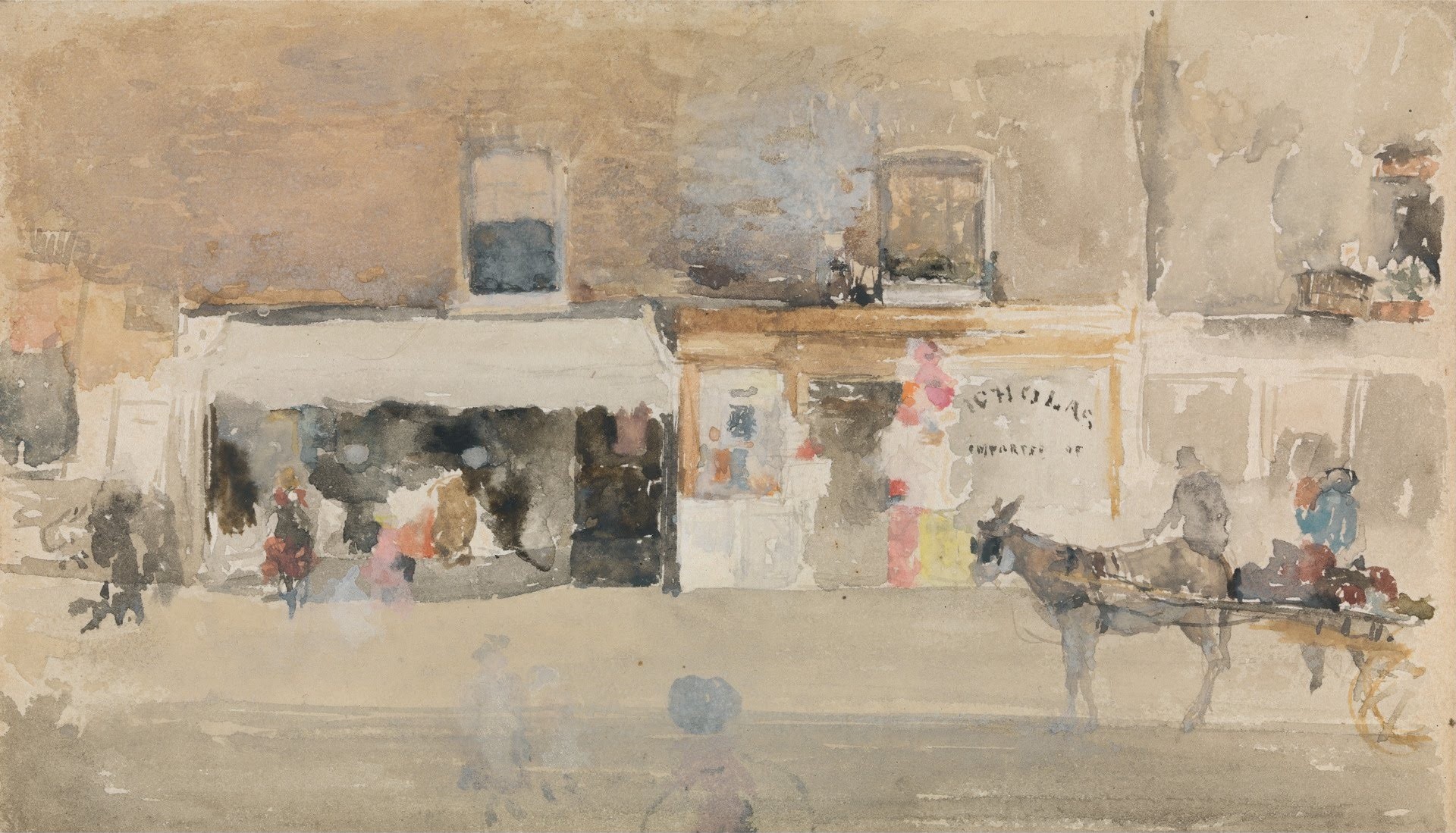 Street Scene in Chelsea, possibly depicting the Tobacconist, J. W. Nicholas, located at No. 75, Cheyne Walk - by James Abbott McNeill Whistler