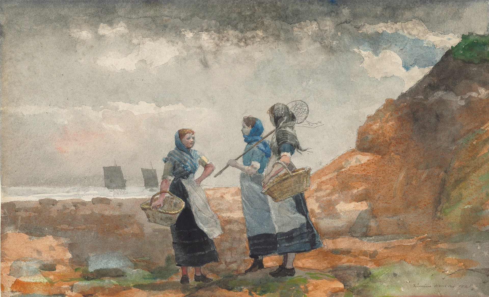 Three Fisher Girls, Tynemouth - by Winslow Homer