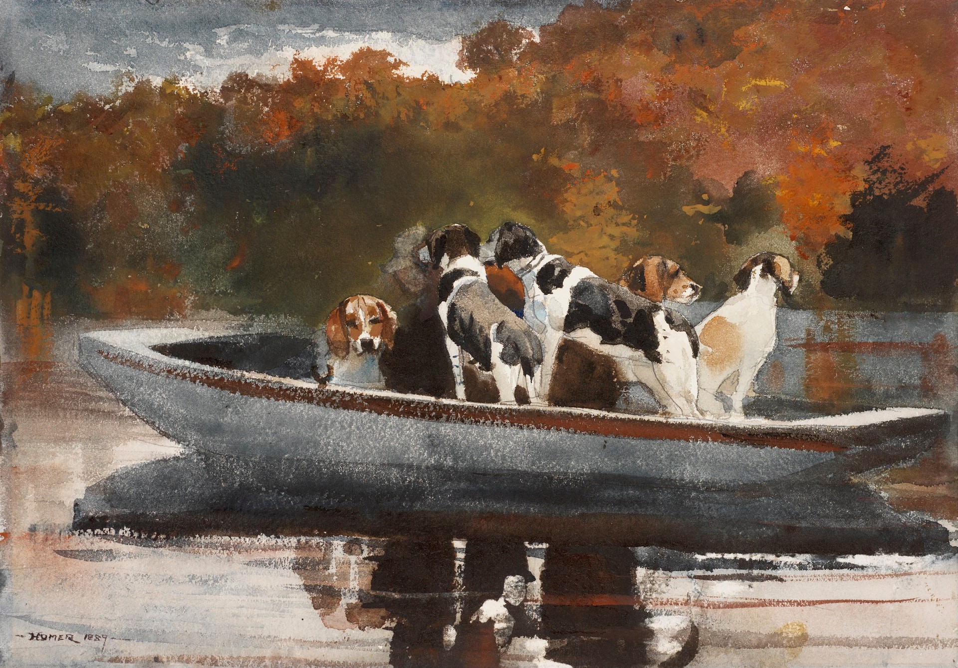 Hunting Dogs in Boat (Waiting for the Start) - by Winslow Homer