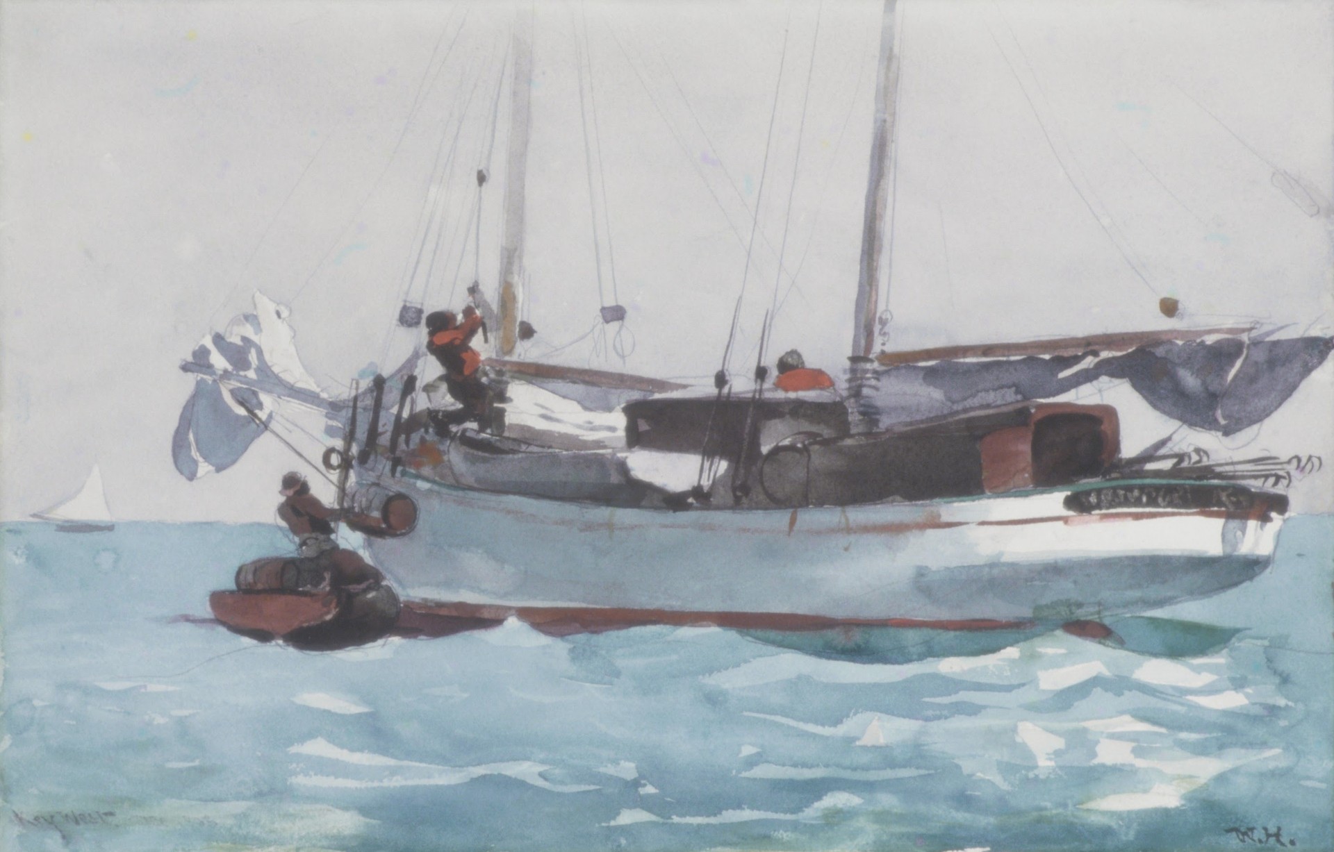 Taking on Wet Provisions (Schooner Marked Newport, K. W.) - by Winslow Homer