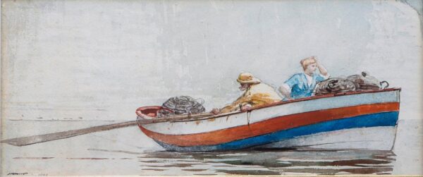 Fisherman and Girl in a Rowboat Streaked Red, White and Blue - by Winslow Homer