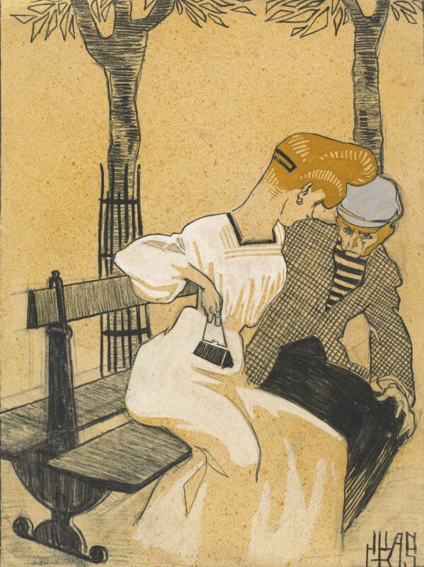 Man and Woman on Bench - by Juan Gris