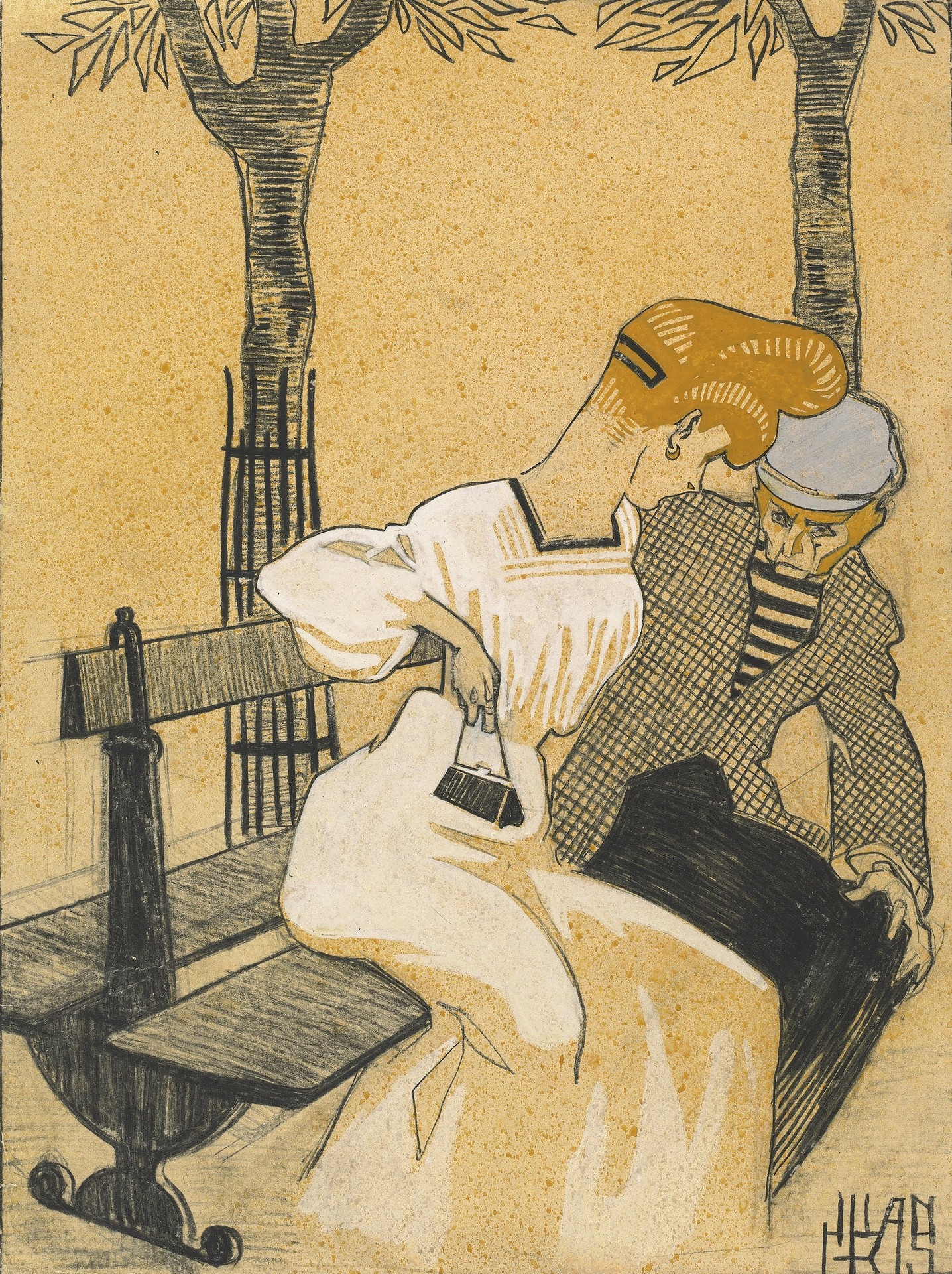 Man and Woman on Bench - by Juan Gris