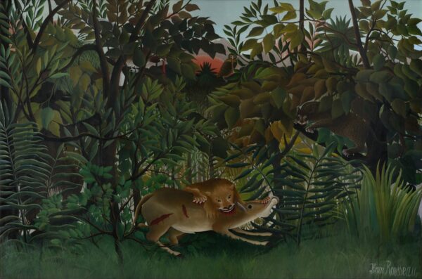 The Hungry Lion Attacking An Antelope - by Henri Rousseau