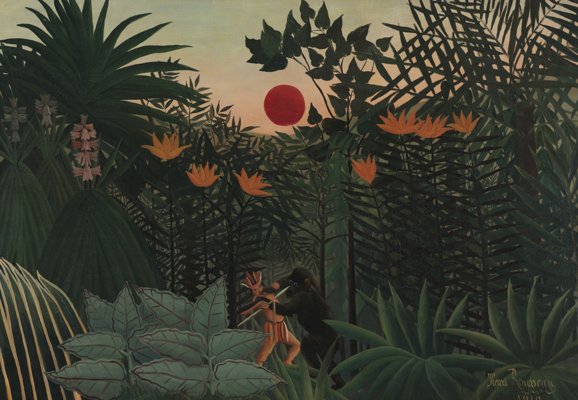Tropical Landscape: American Indian Struggling with a Gorilla - by Henri Rousseau