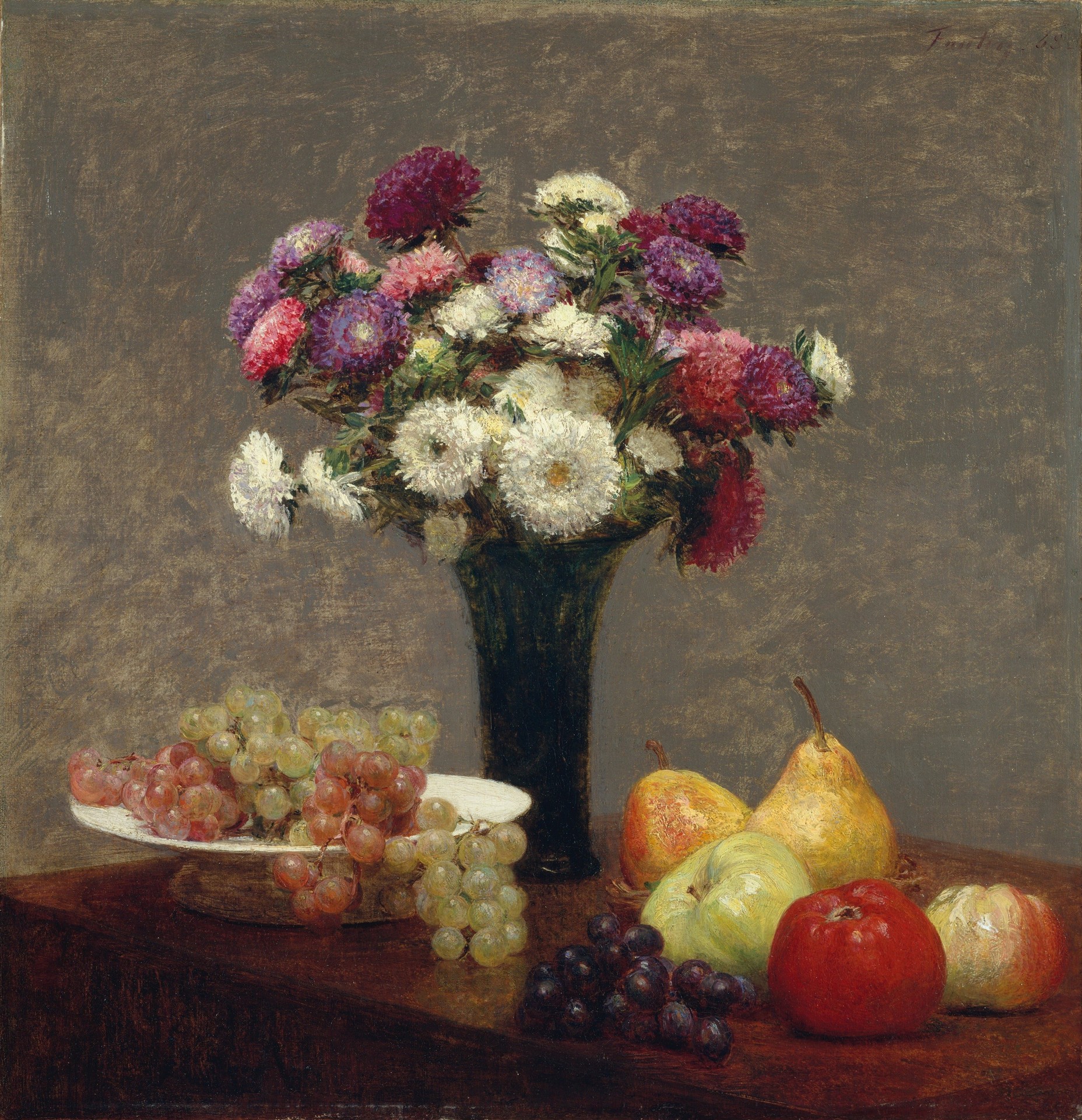 Asters and Fruit on a Table - by Henri Fantin-Latour