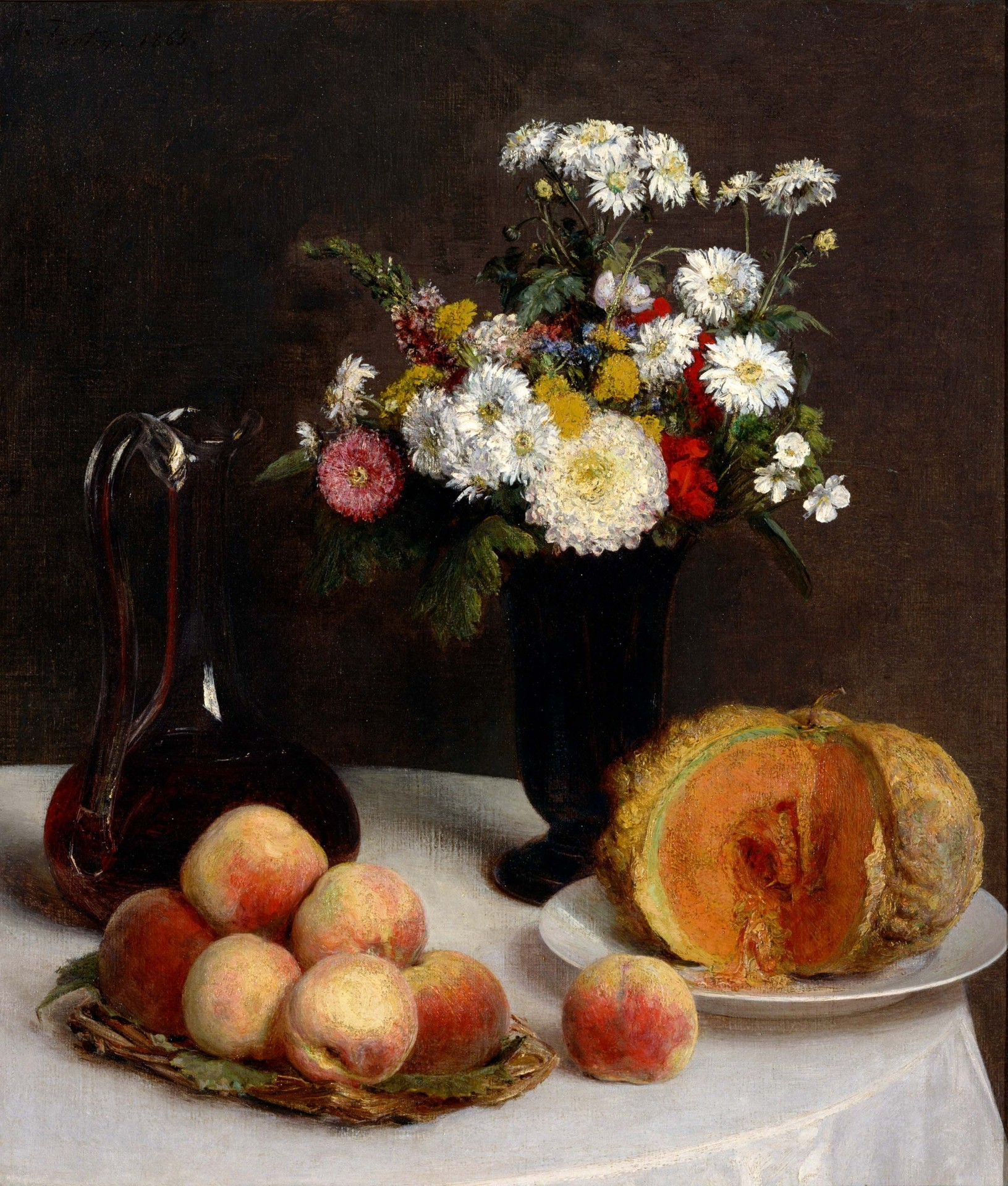 Still Life with a Carafe, Flowers and Fruit - by Henri Fantin-Latour