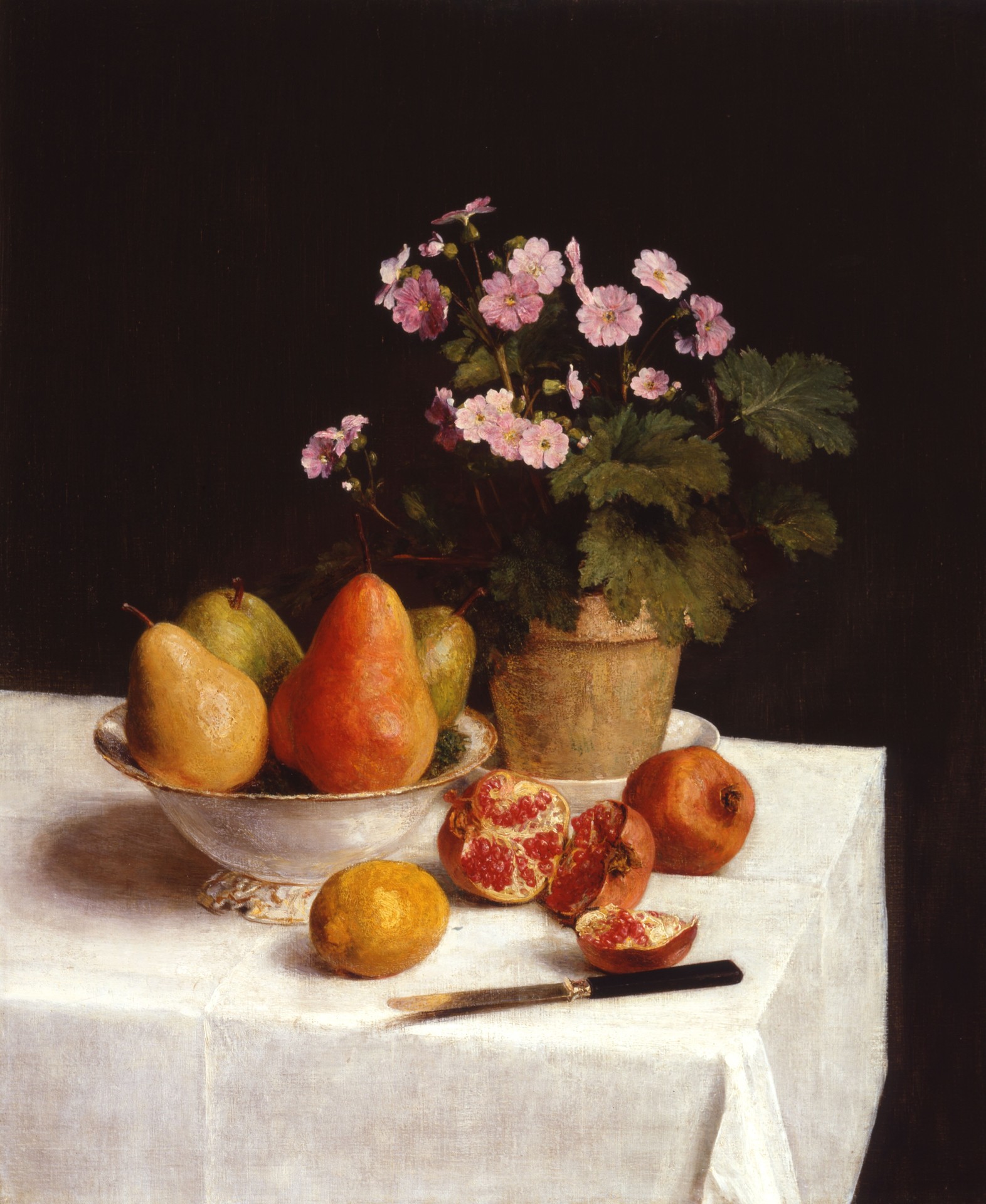 Still life (primroses, pears and pomegranates) - by Henri Fantin-Latour