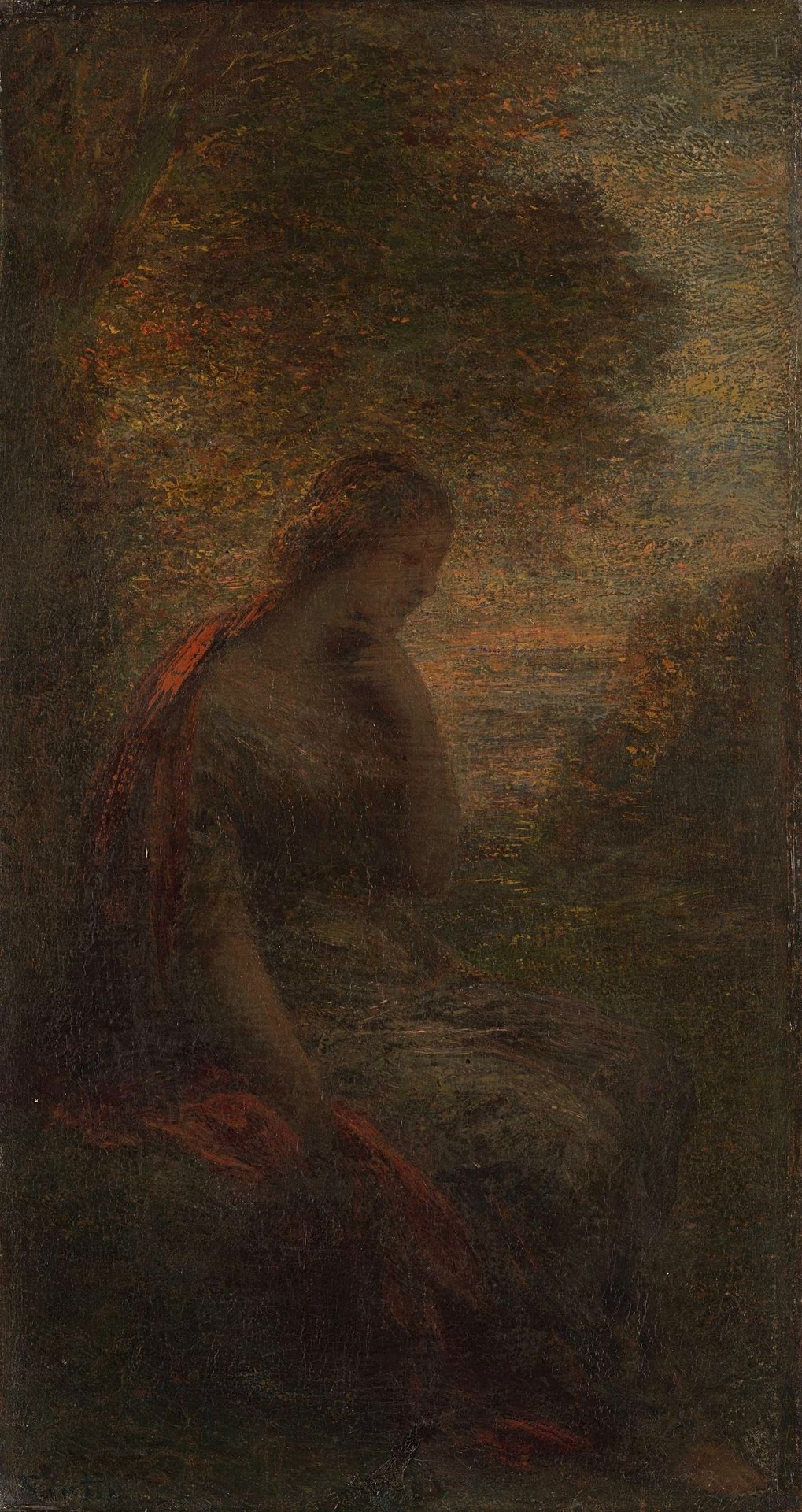 Jonge vrouw onder een boom bij zonsondergang, genaamd 'Herfst' - by Henri Fantin-Latour