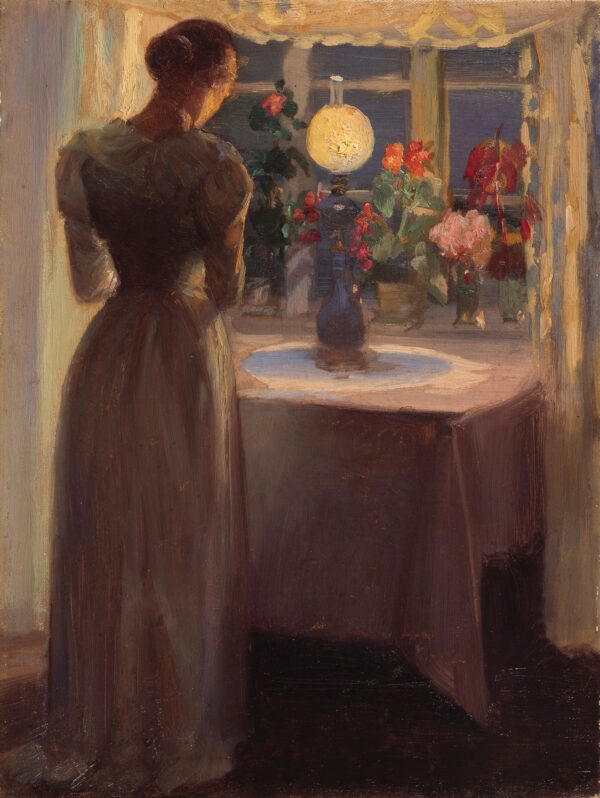 Young girl in front of a lighted lamp - by Anna Ancher