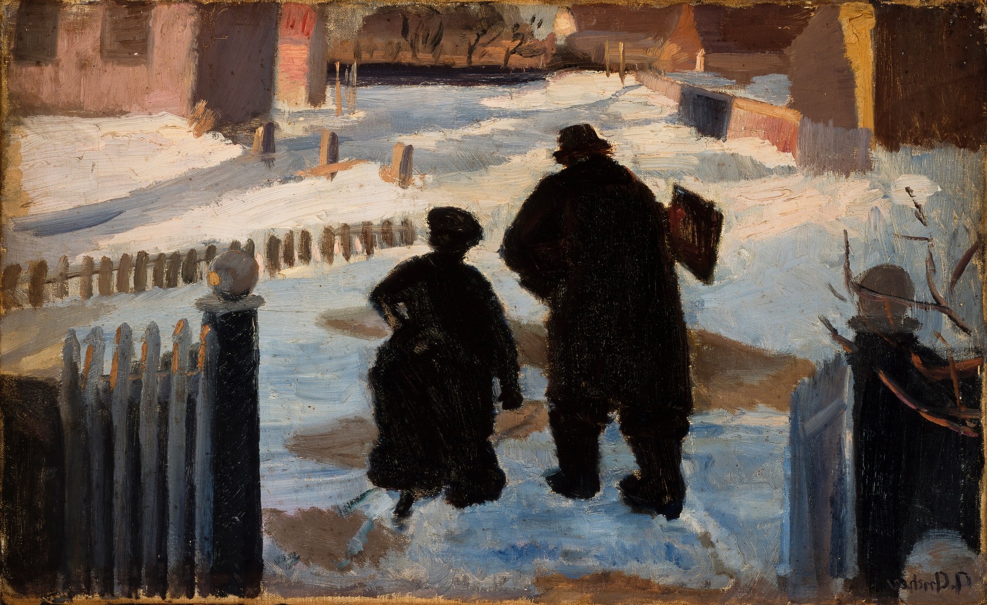 Michael Ancher on his way to his studio accompanied - by the organist Helene Christensen - by Anna Ancher